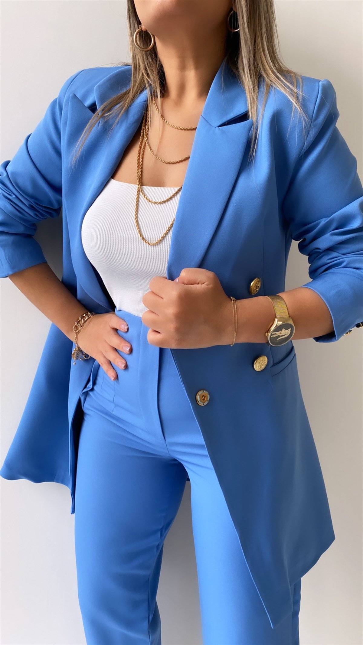 Uzun Gold Düğmeli Blazer Ceket Bebe Mavi