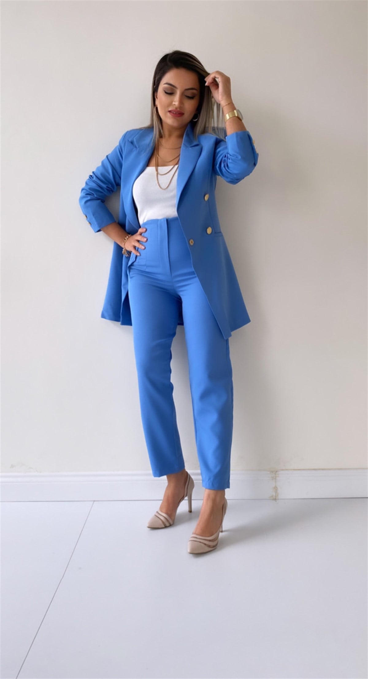 Uzun Gold Düğmeli Blazer Ceket Bebe Mavi