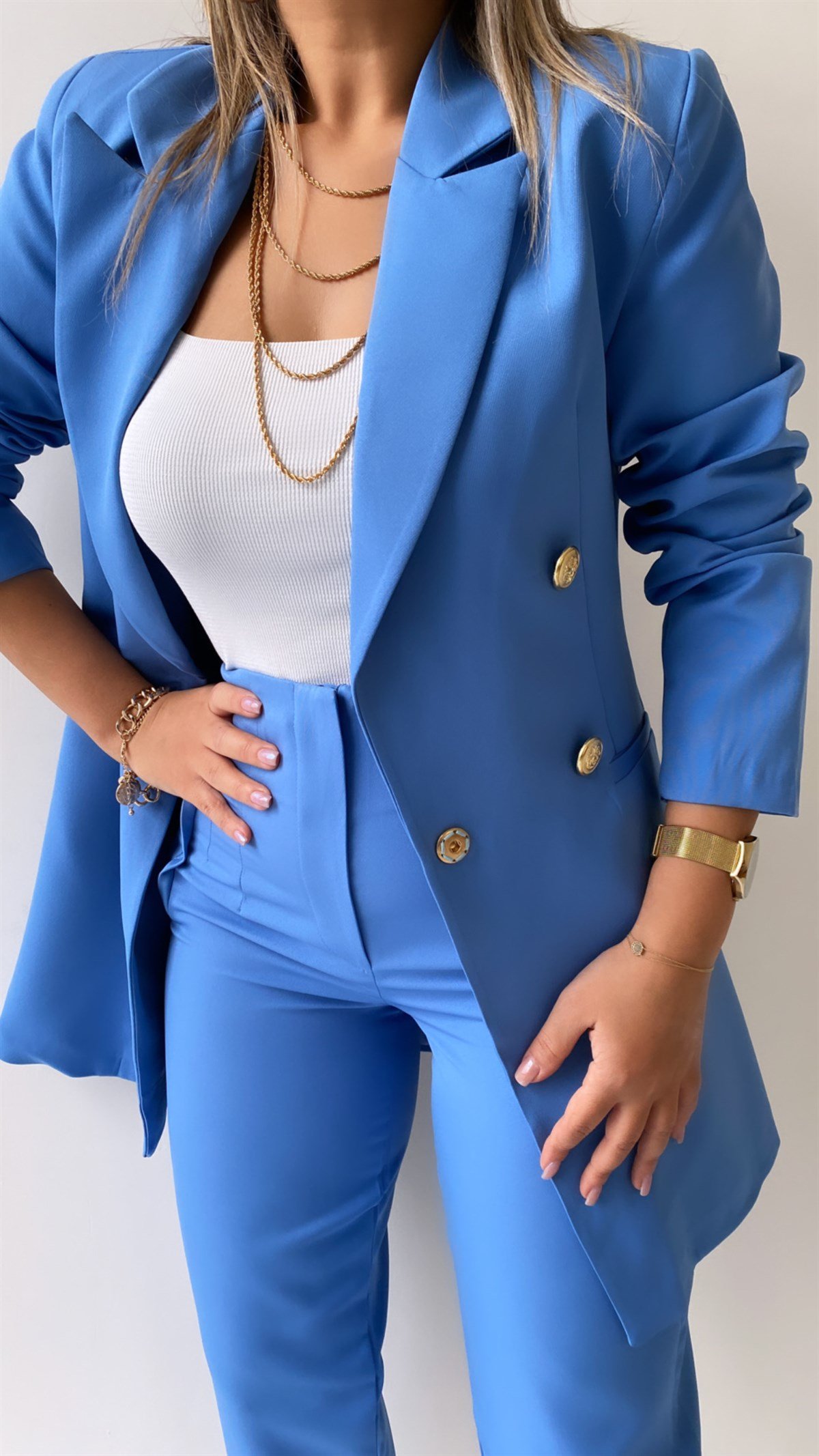 Uzun Gold Düğmeli Blazer Ceket Bebe Mavi