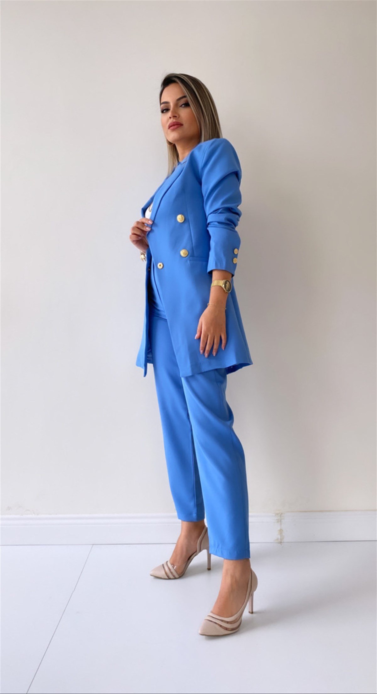 Uzun Gold Düğmeli Blazer Ceket Bebe Mavi
