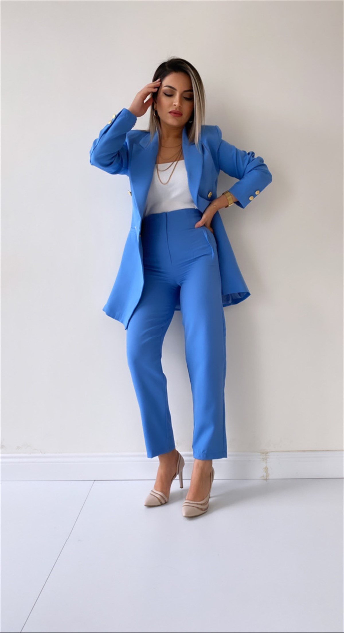 Uzun Gold Düğmeli Blazer Ceket Bebe Mavi