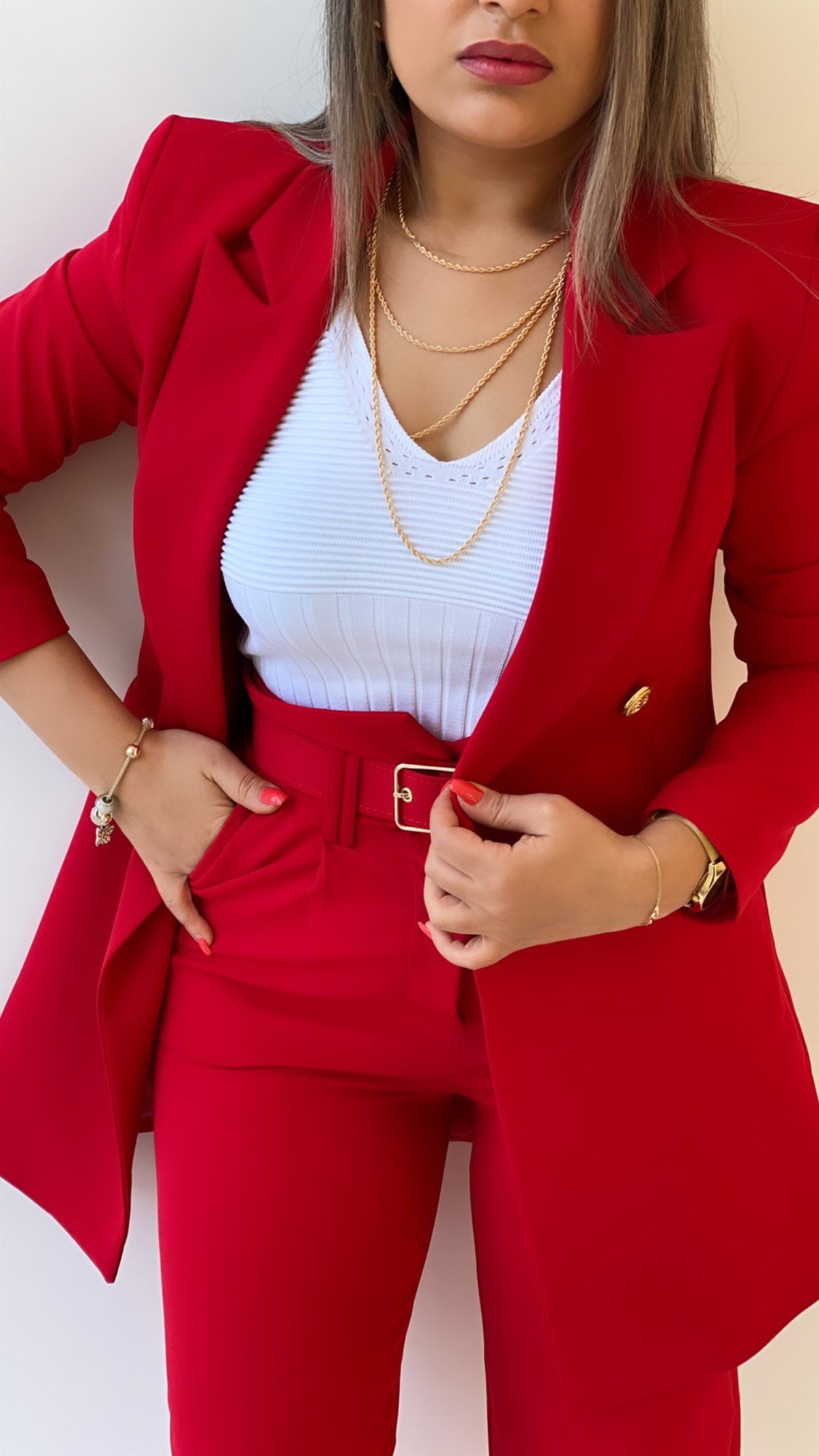 Uzun Gold Düğmeli Blazer Ceket Kırmızı