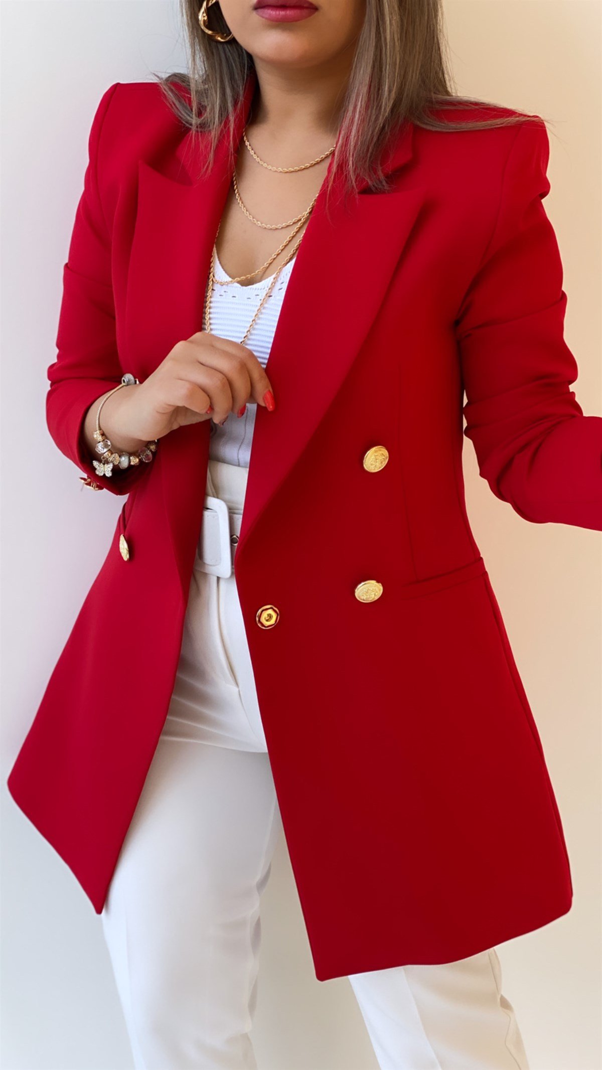 Uzun Gold Düğmeli Blazer Ceket Kırmızı
