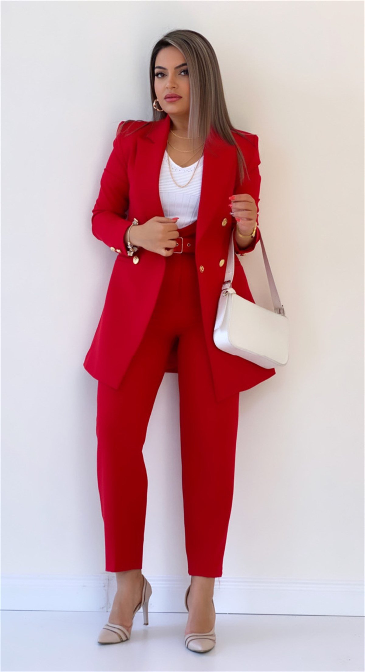 Uzun Gold Düğmeli Blazer Ceket Kırmızı