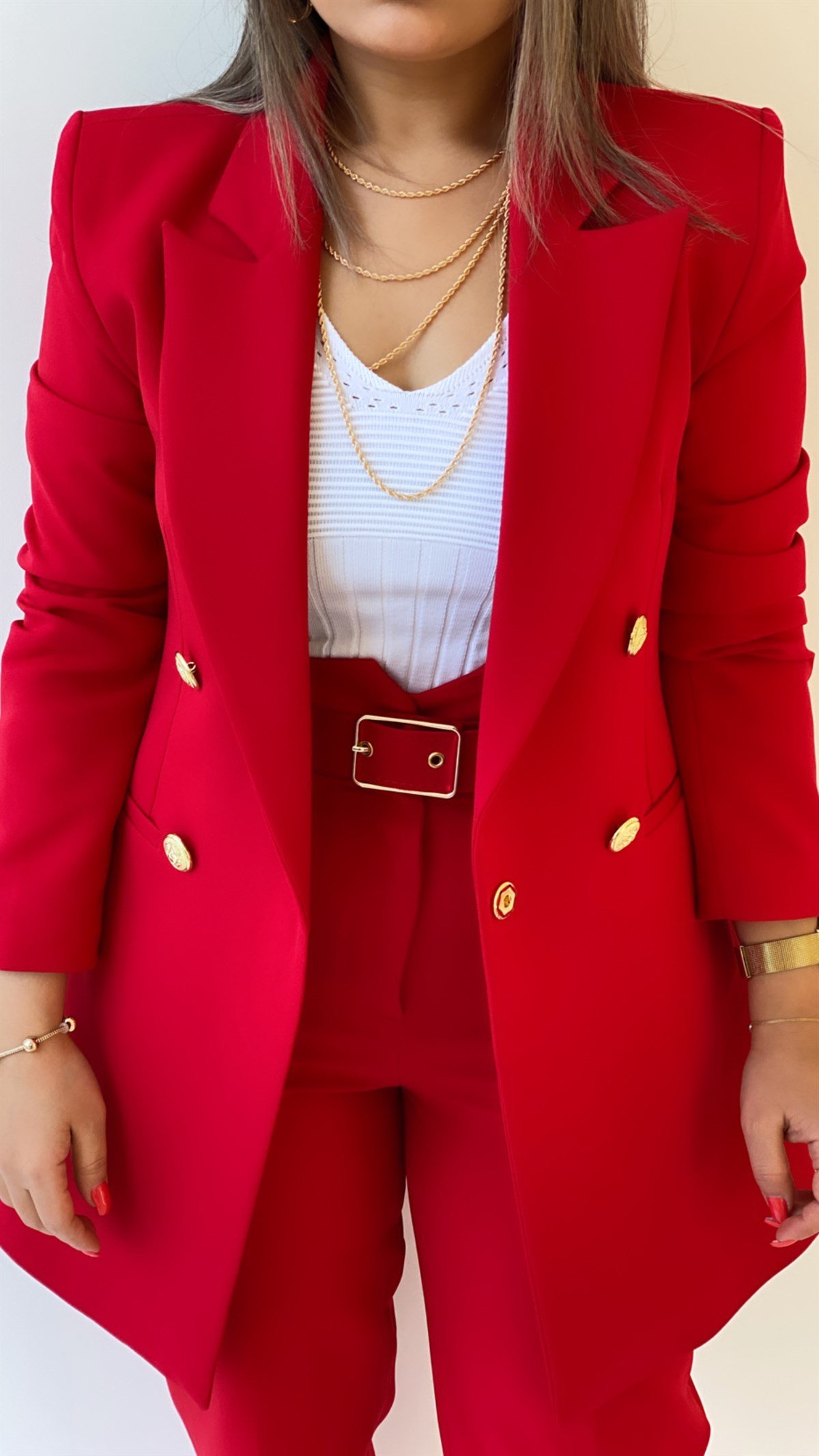 Uzun Gold Düğmeli Blazer Ceket Kırmızı