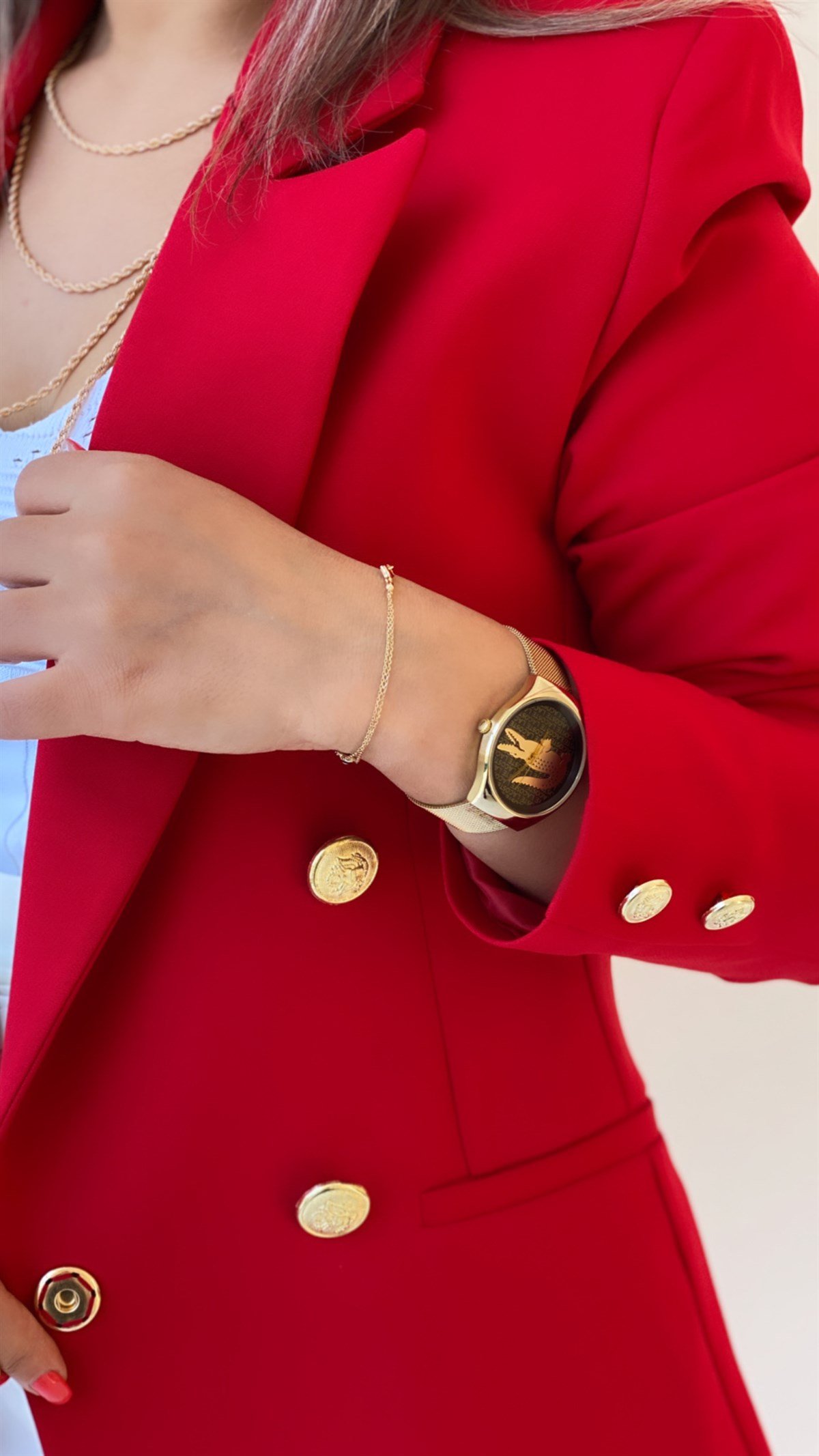 Uzun Gold Düğmeli Blazer Ceket Kırmızı
