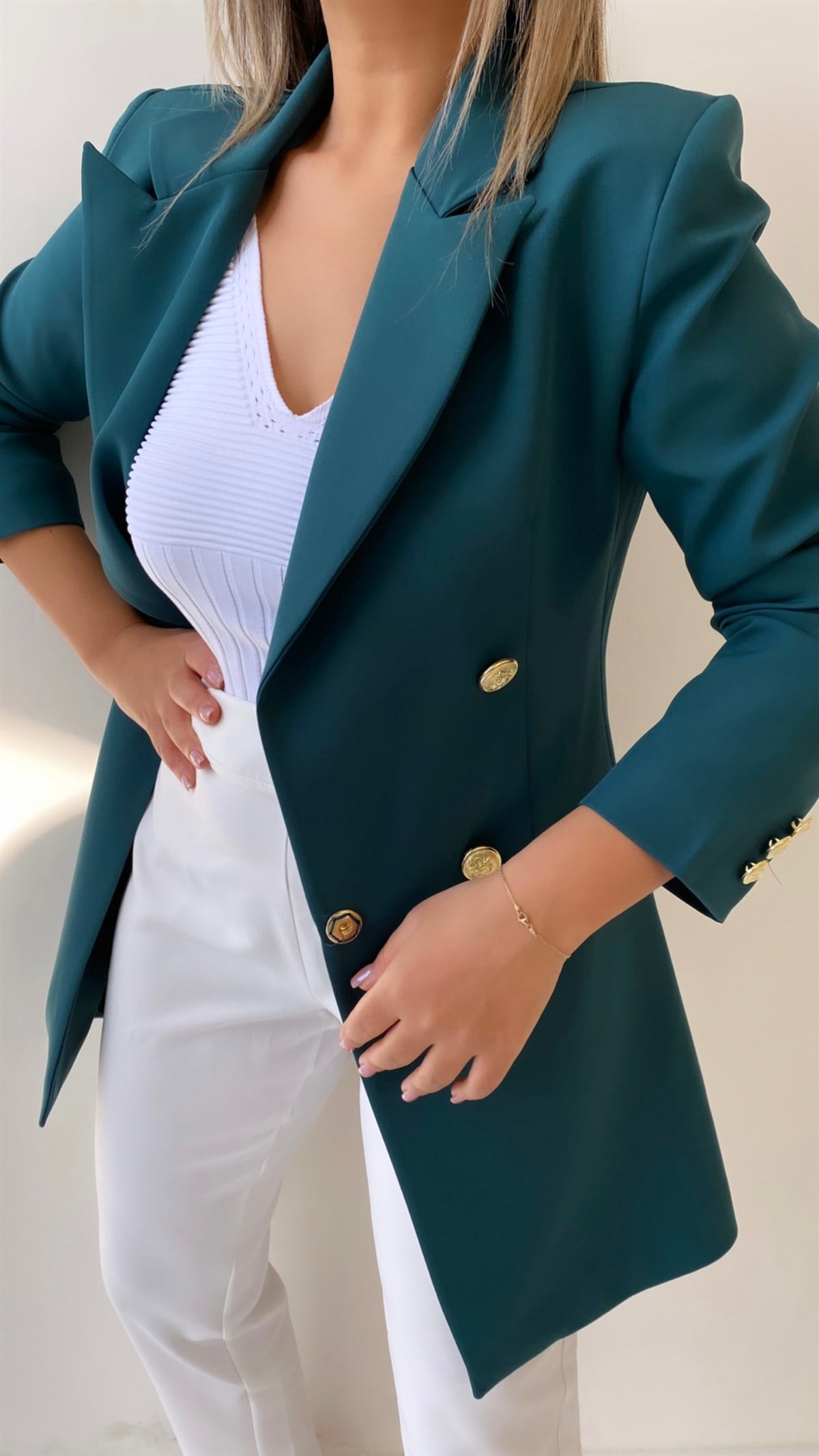 Uzun Gold Düğmeli Blazer Ceket Koyu Zümrüt Yeşil