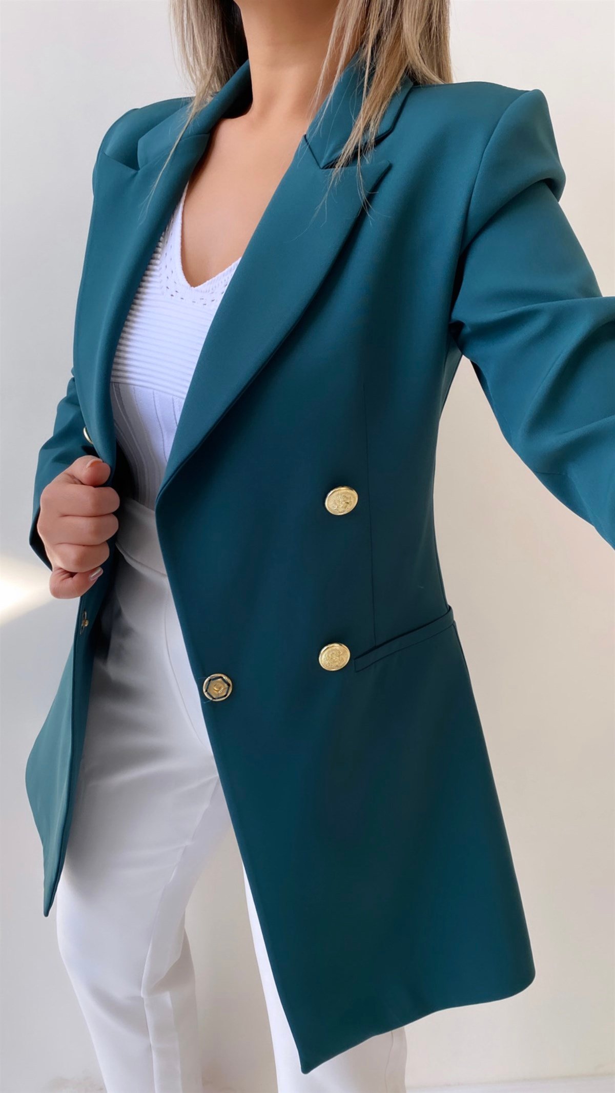 Uzun Gold Düğmeli Blazer Ceket Koyu Zümrüt Yeşil