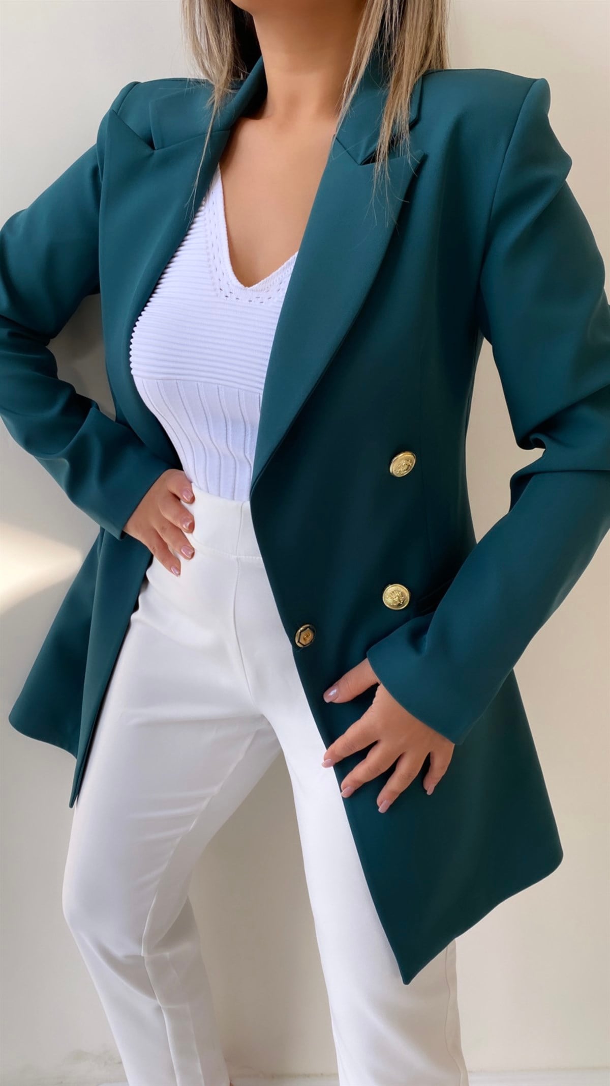 Uzun Gold Düğmeli Blazer Ceket Koyu Zümrüt Yeşil