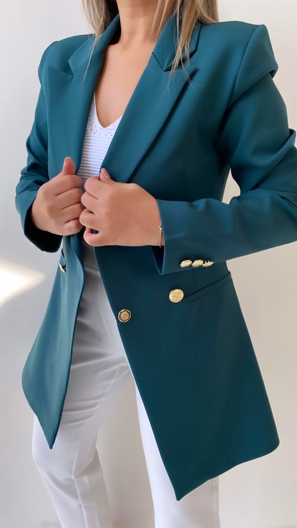 Uzun Gold Düğmeli Blazer Ceket Koyu Zümrüt Yeşil