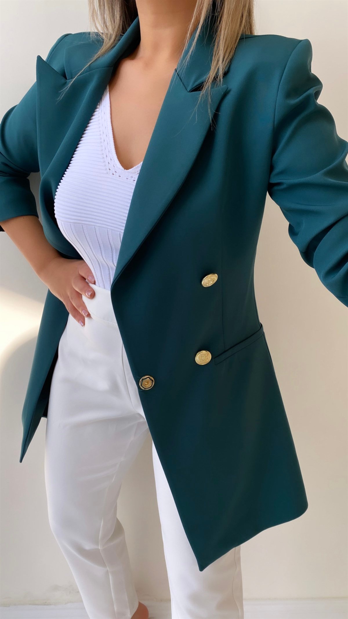 Uzun Gold Düğmeli Blazer Ceket Koyu Zümrüt Yeşil