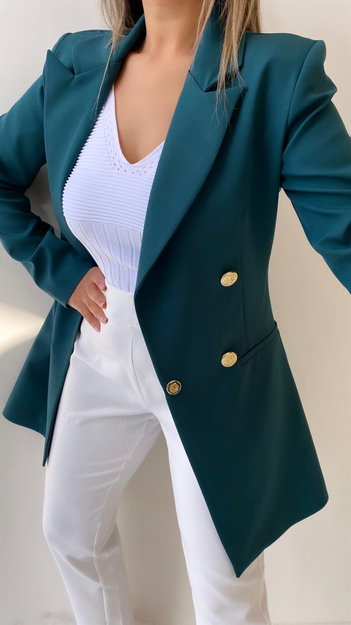 Uzun Gold Düğmeli Blazer Ceket Koyu Zümrüt Yeşil