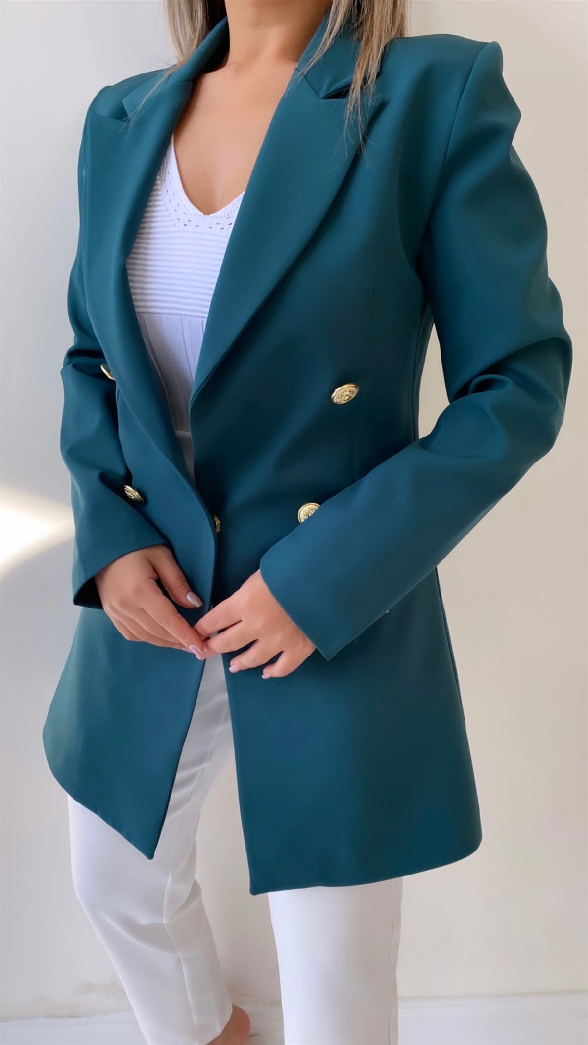 Uzun Gold Düğmeli Blazer Ceket Koyu Zümrüt Yeşil