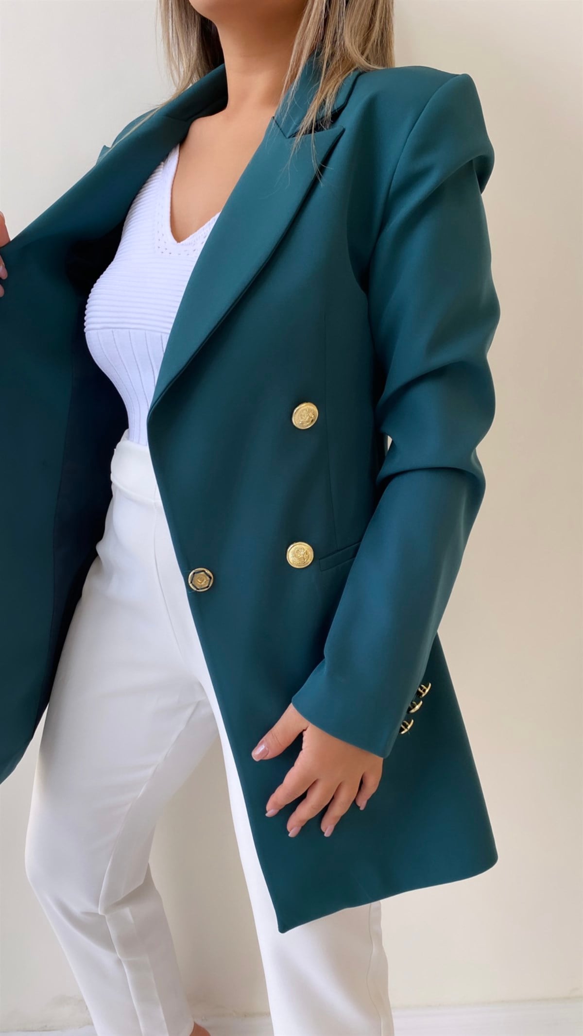 Uzun Gold Düğmeli Blazer Ceket Koyu Zümrüt Yeşil