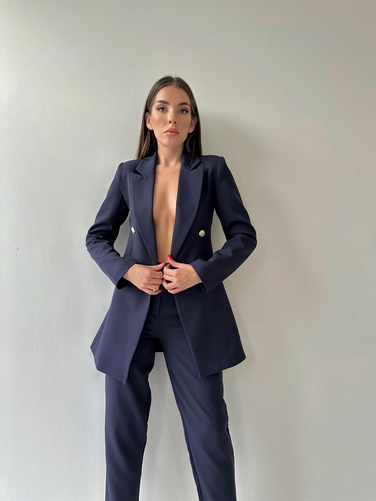 Uzun Gold Düğmeli Blazer Ceket Lacivert