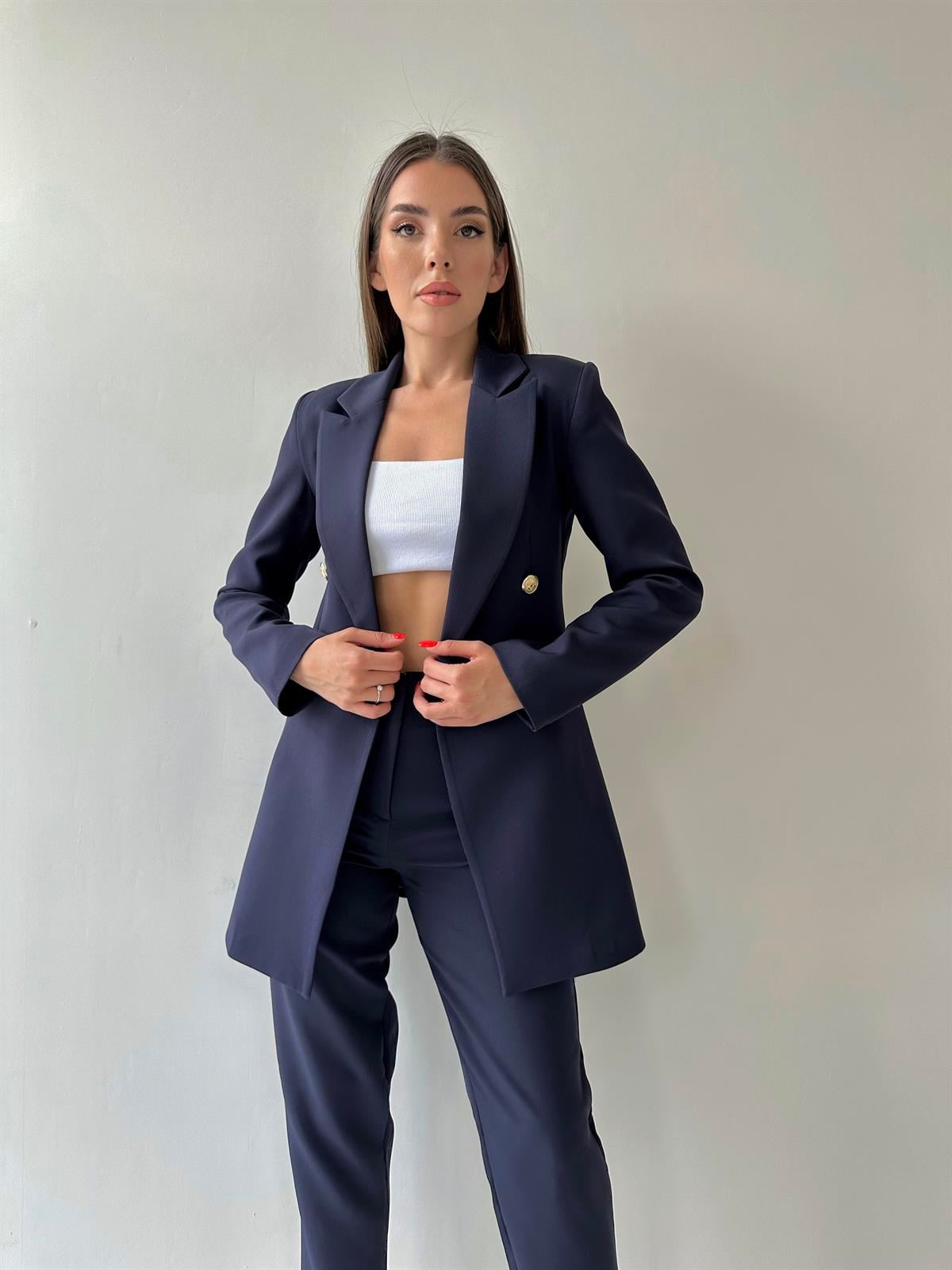 Uzun Gold Düğmeli Blazer Ceket Lacivert