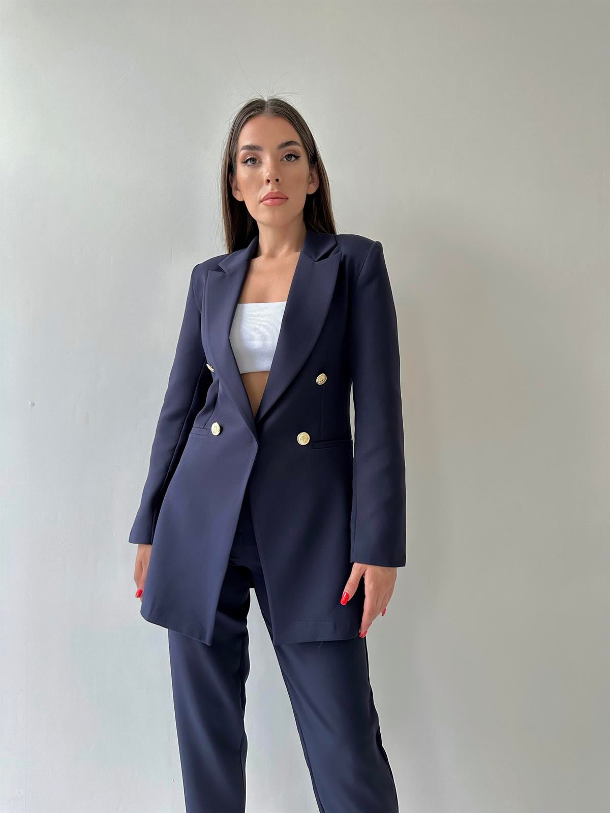 Uzun Gold Düğmeli Blazer Ceket Lacivert