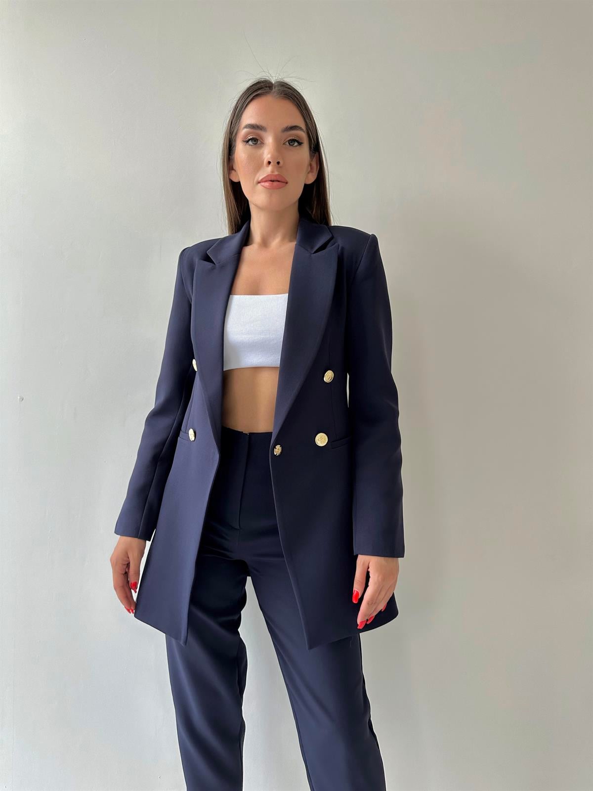 Uzun Gold Düğmeli Blazer Ceket Lacivert