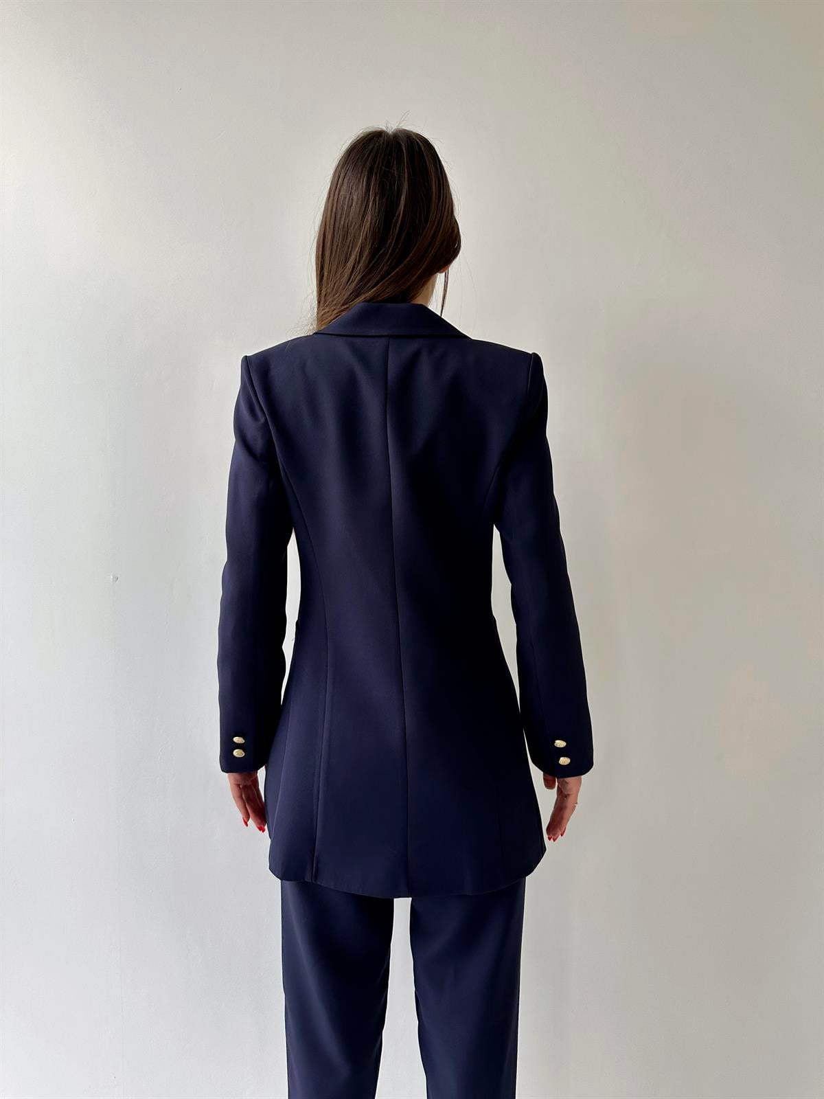 Uzun Gold Düğmeli Blazer Ceket Lacivert