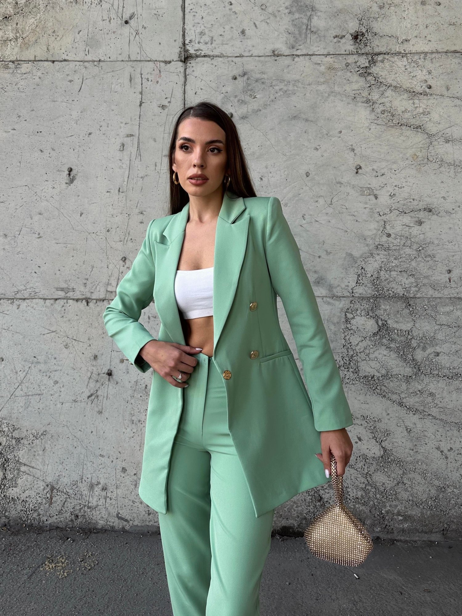 Uzun Gold Düğmeli Blazer Ceket Mint