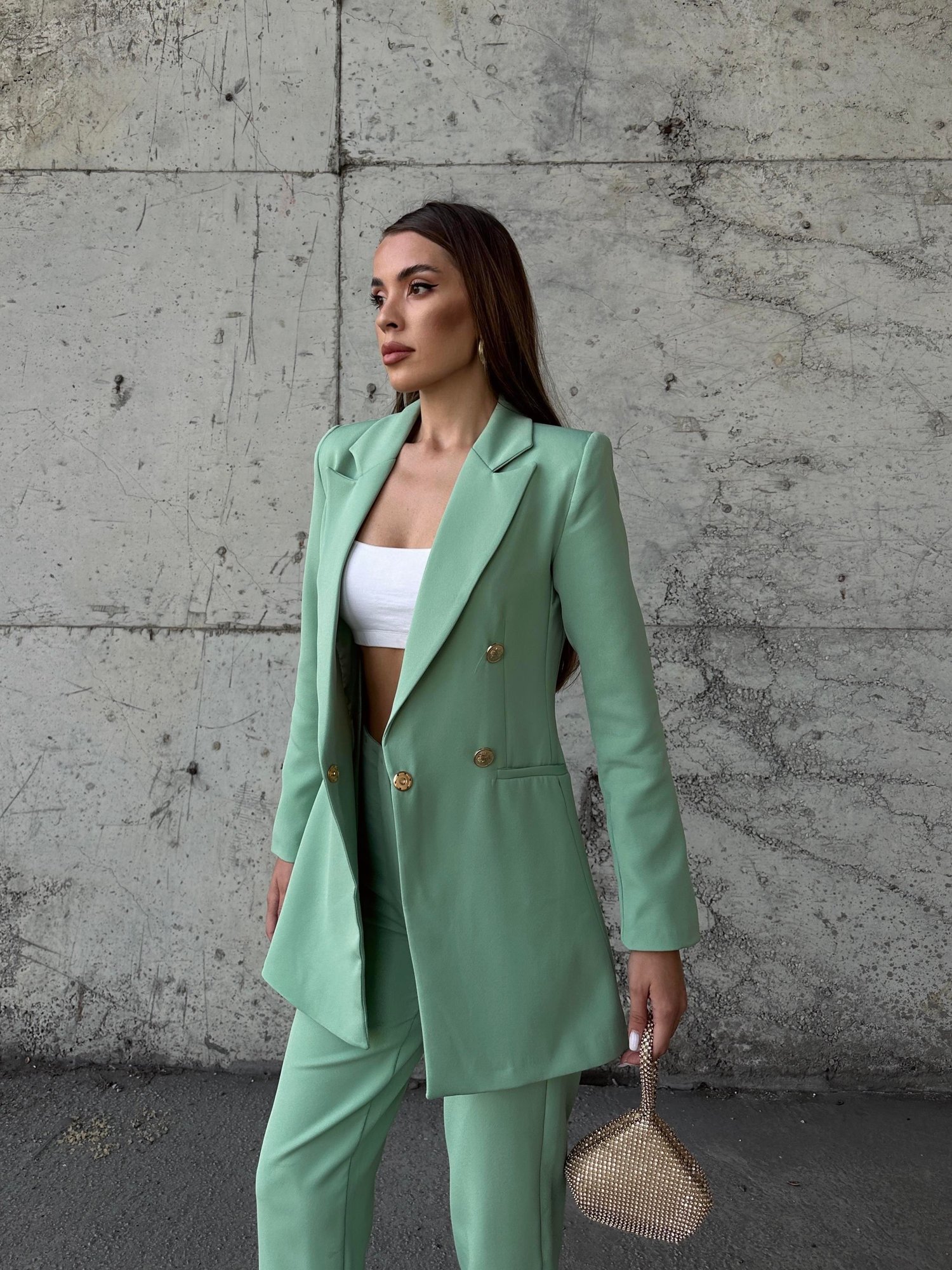 Uzun Gold Düğmeli Blazer Ceket Mint