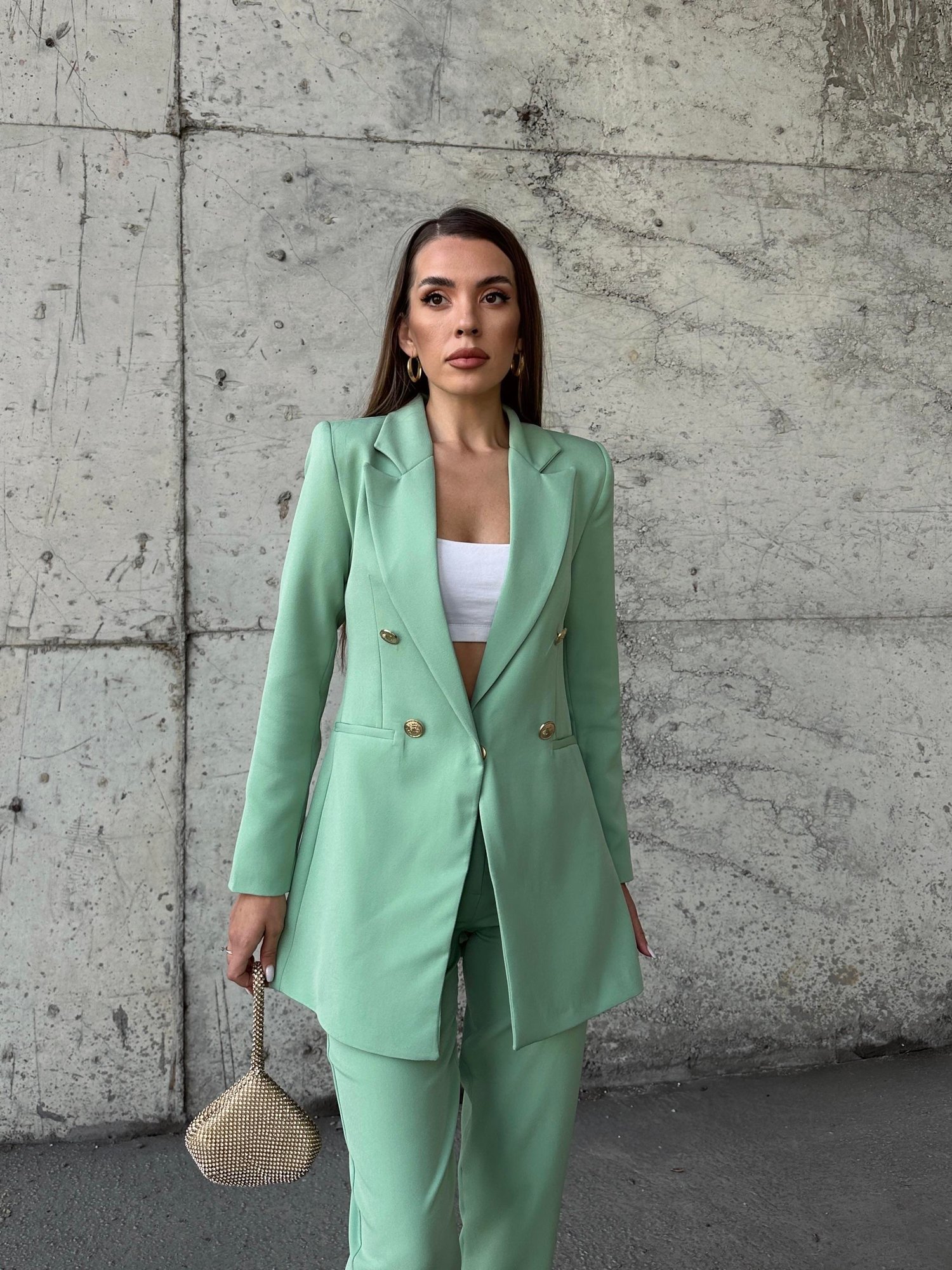 Uzun Gold Düğmeli Blazer Ceket Mint
