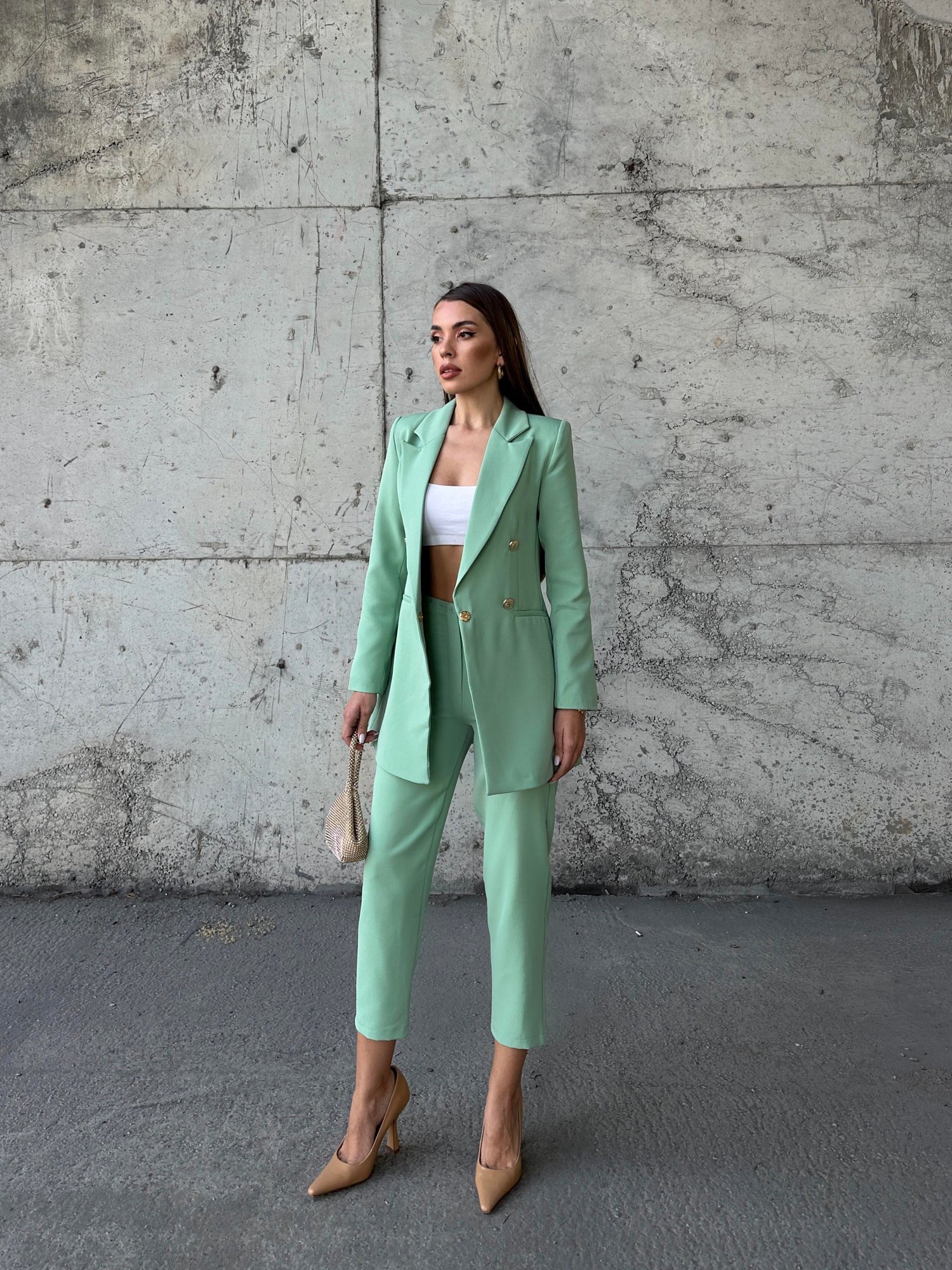 Uzun Gold Düğmeli Blazer Ceket Mint