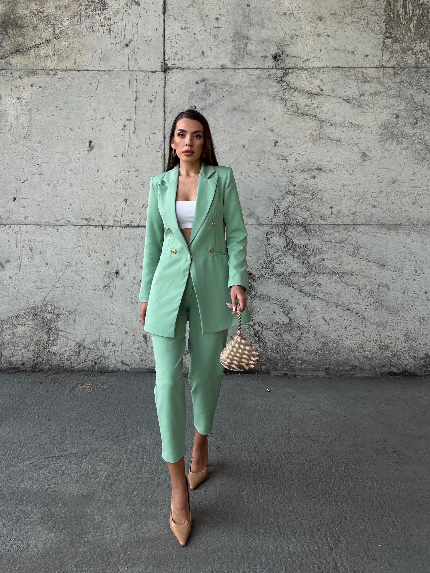 Uzun Gold Düğmeli Blazer Ceket Mint