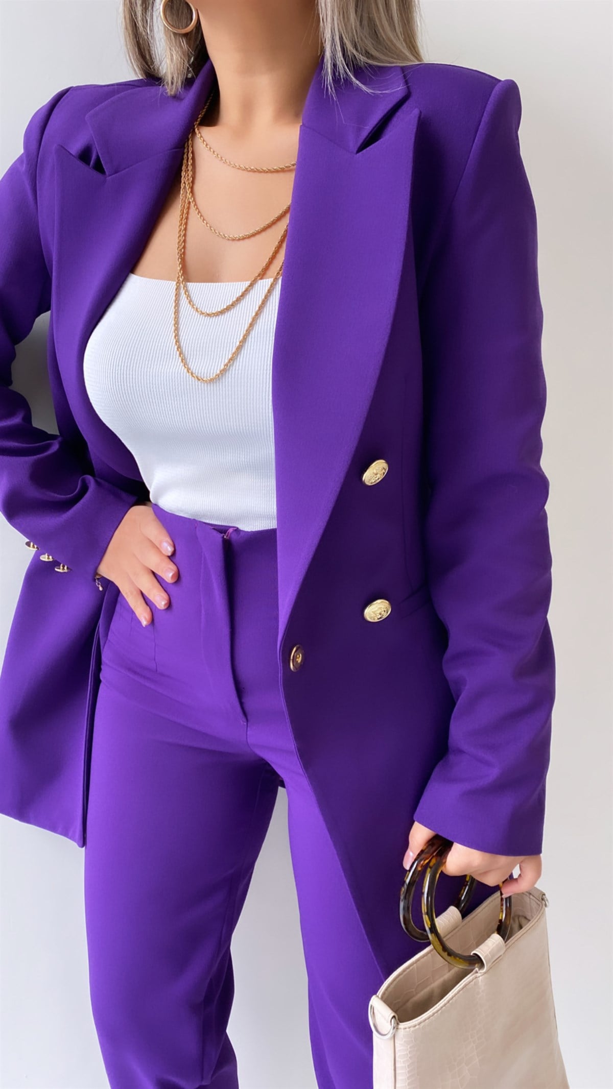 Uzun Gold Düğmeli Blazer Ceket Mor