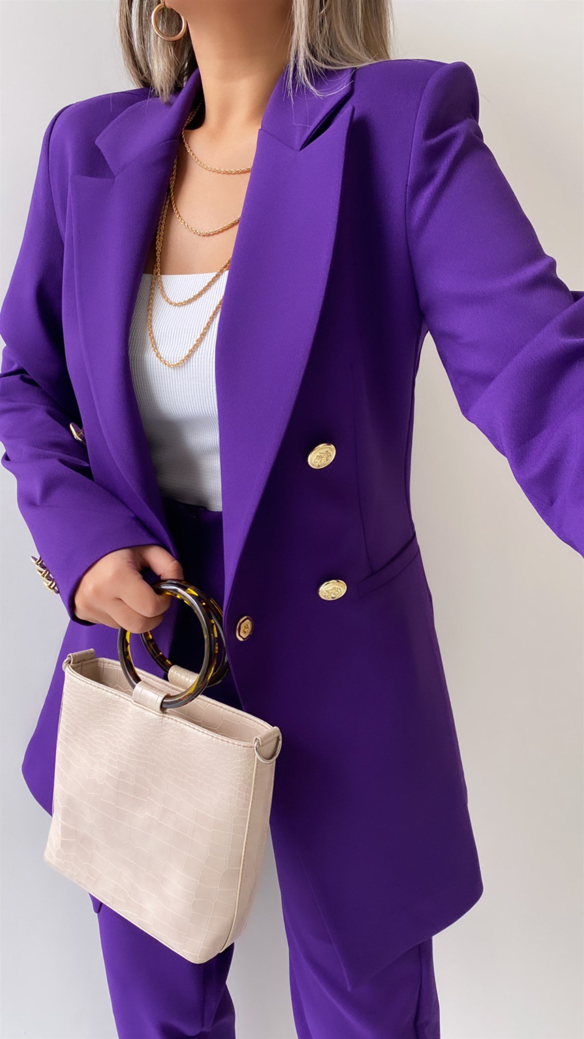 Uzun Gold Düğmeli Blazer Ceket Mor