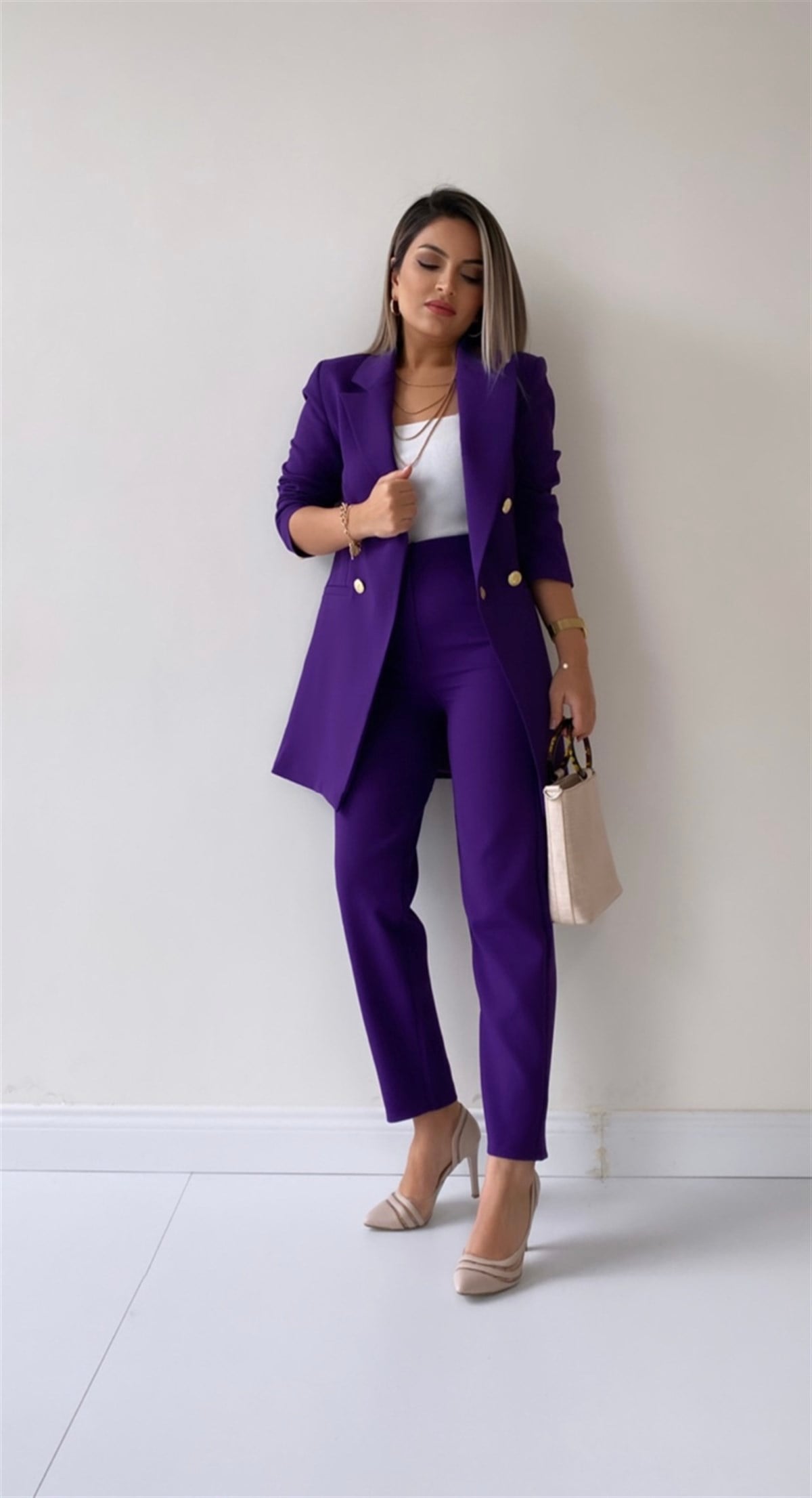 Uzun Gold Düğmeli Blazer Ceket Mor