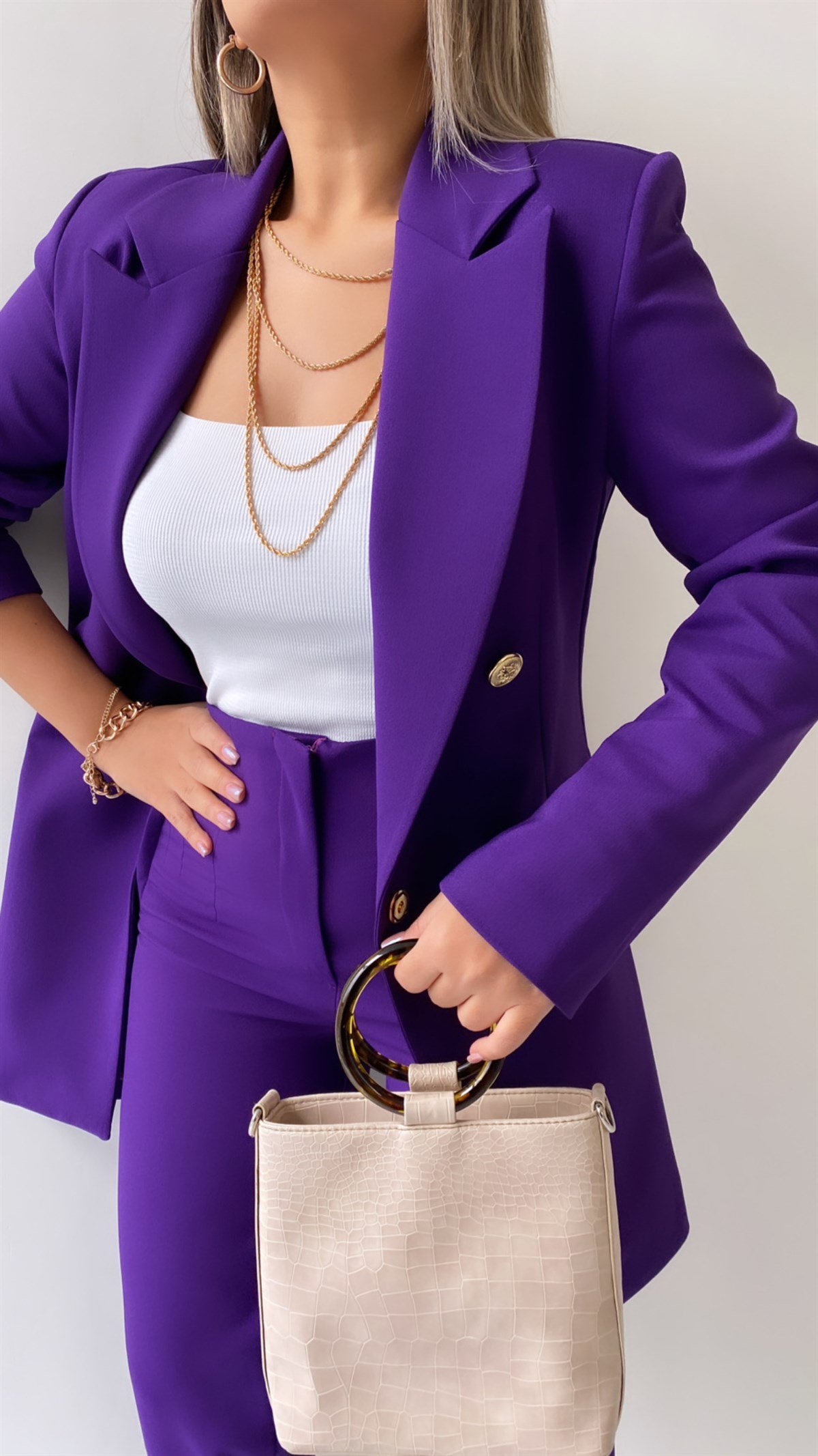 Uzun Gold Düğmeli Blazer Ceket Mor