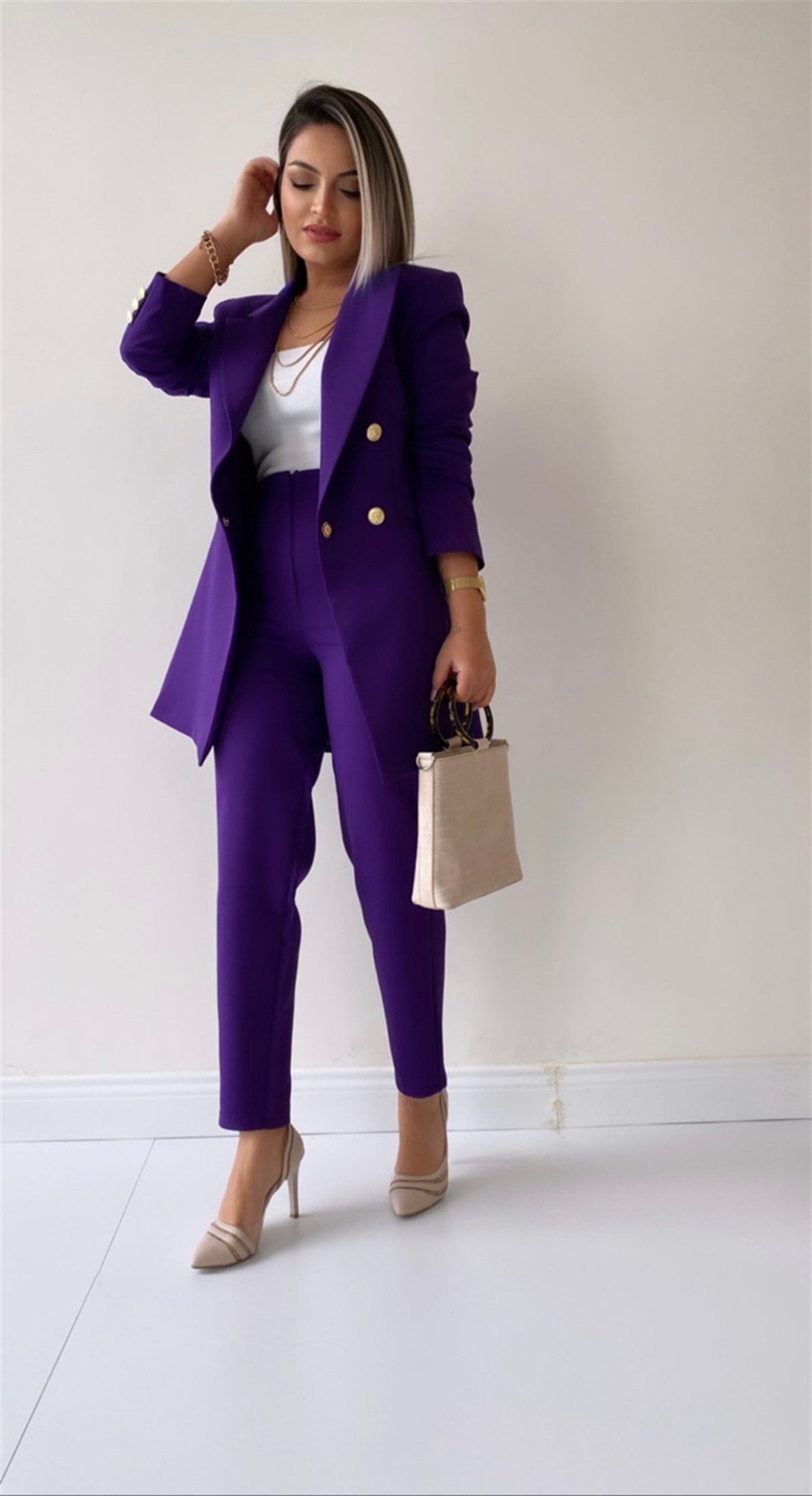 Uzun Gold Düğmeli Blazer Ceket Mor