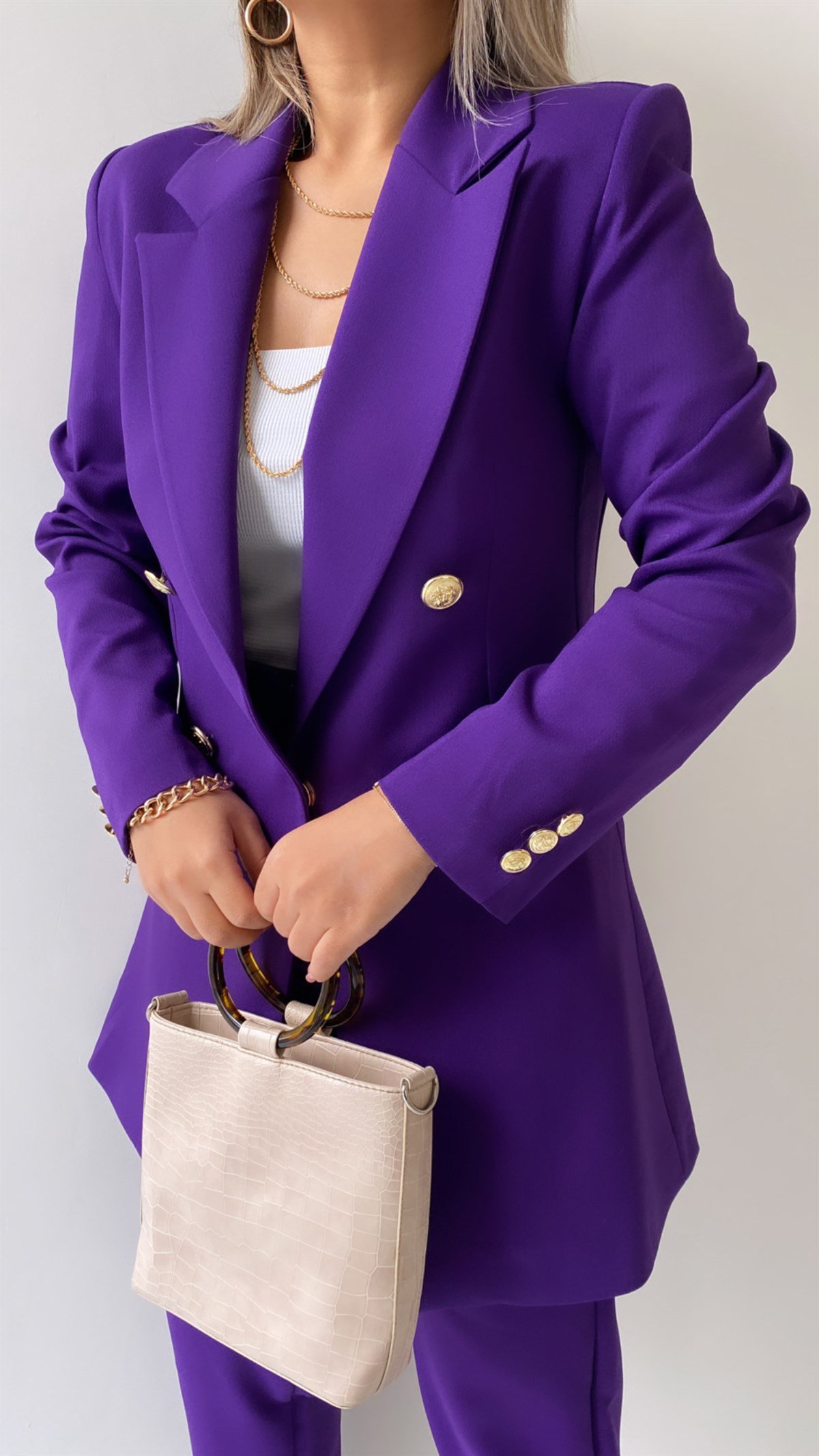 Uzun Gold Düğmeli Blazer Ceket Mor