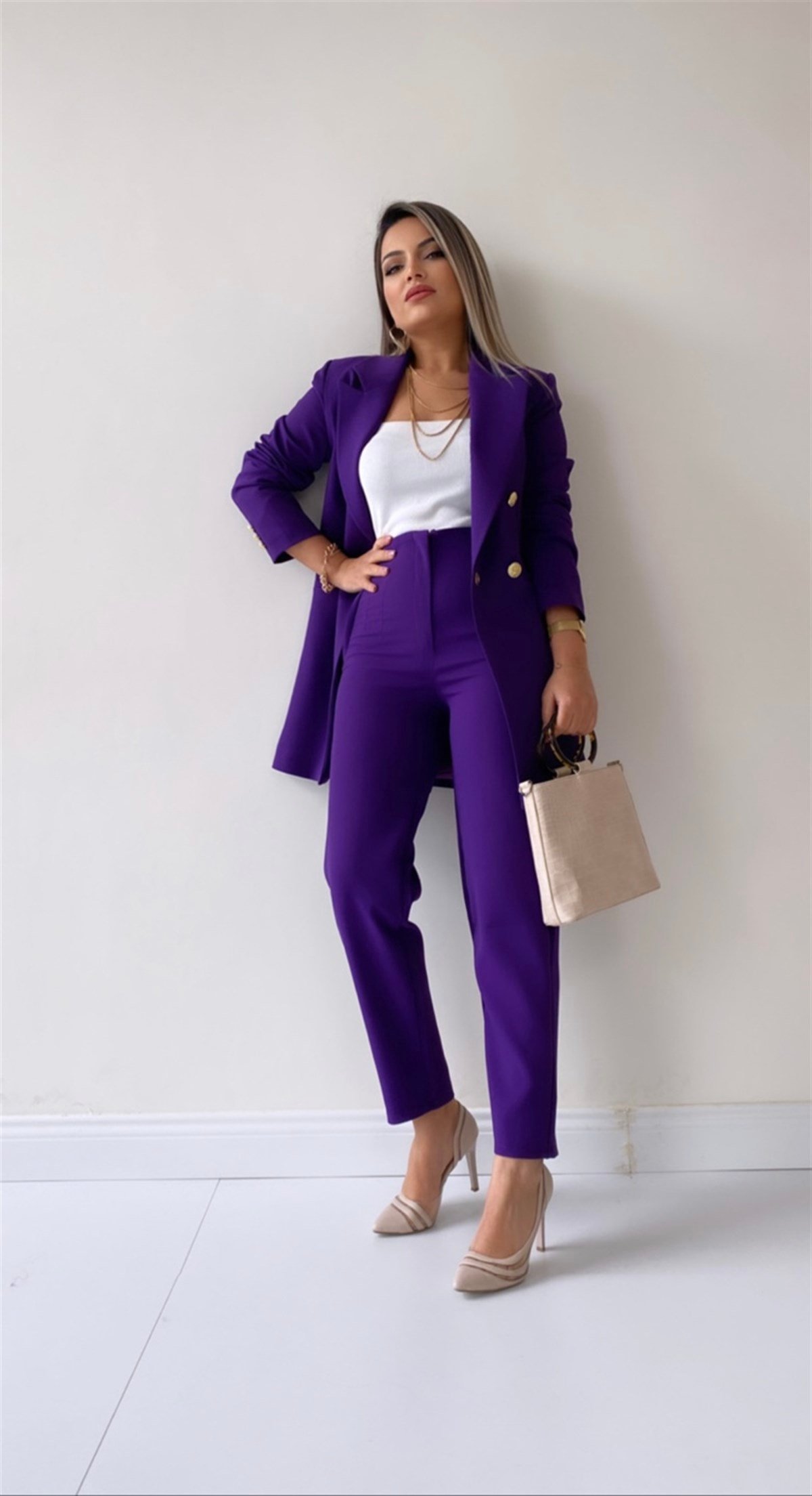 Uzun Gold Düğmeli Blazer Ceket Mor