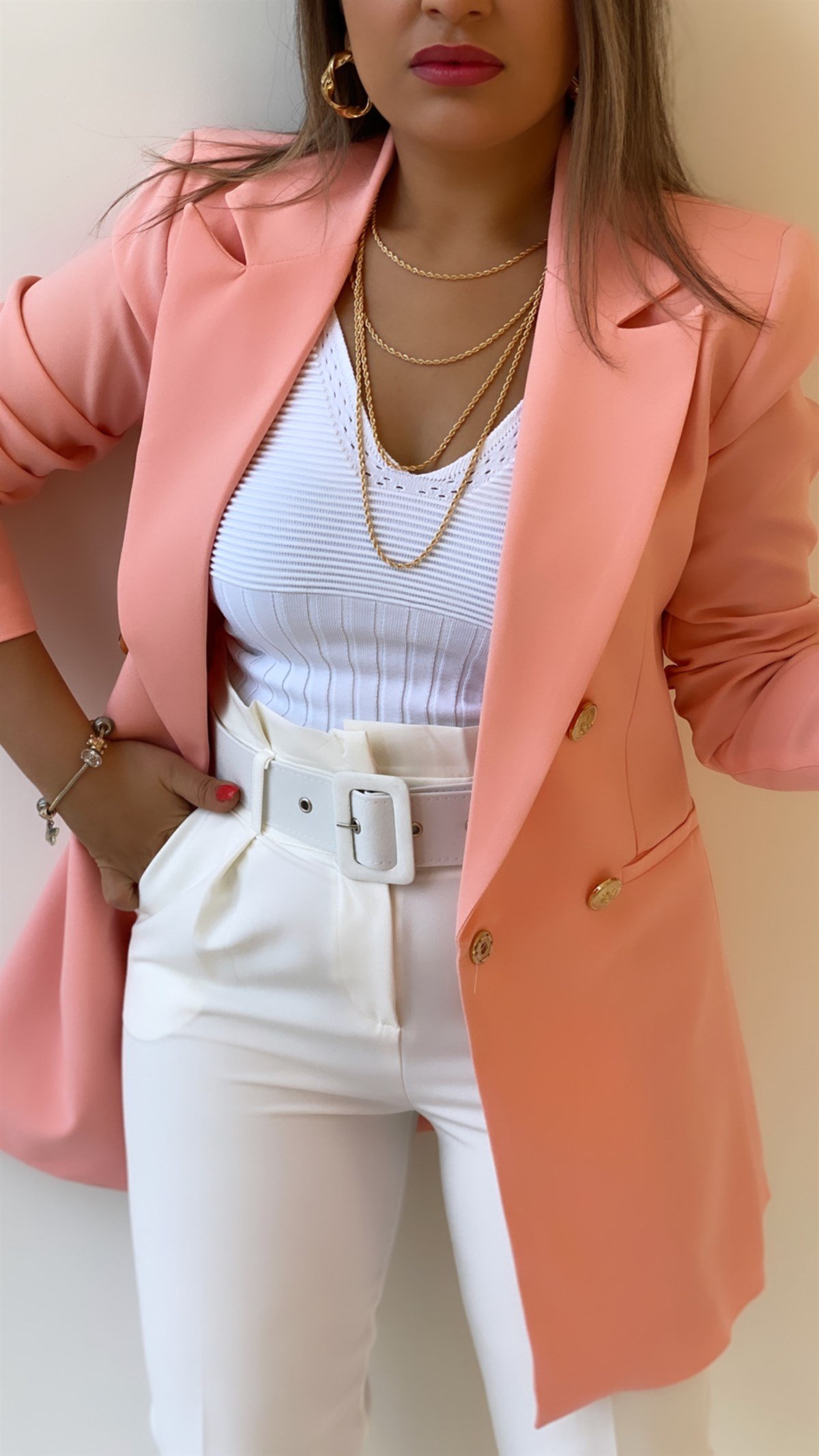 Uzun Gold Düğmeli Blazer Ceket Pembe