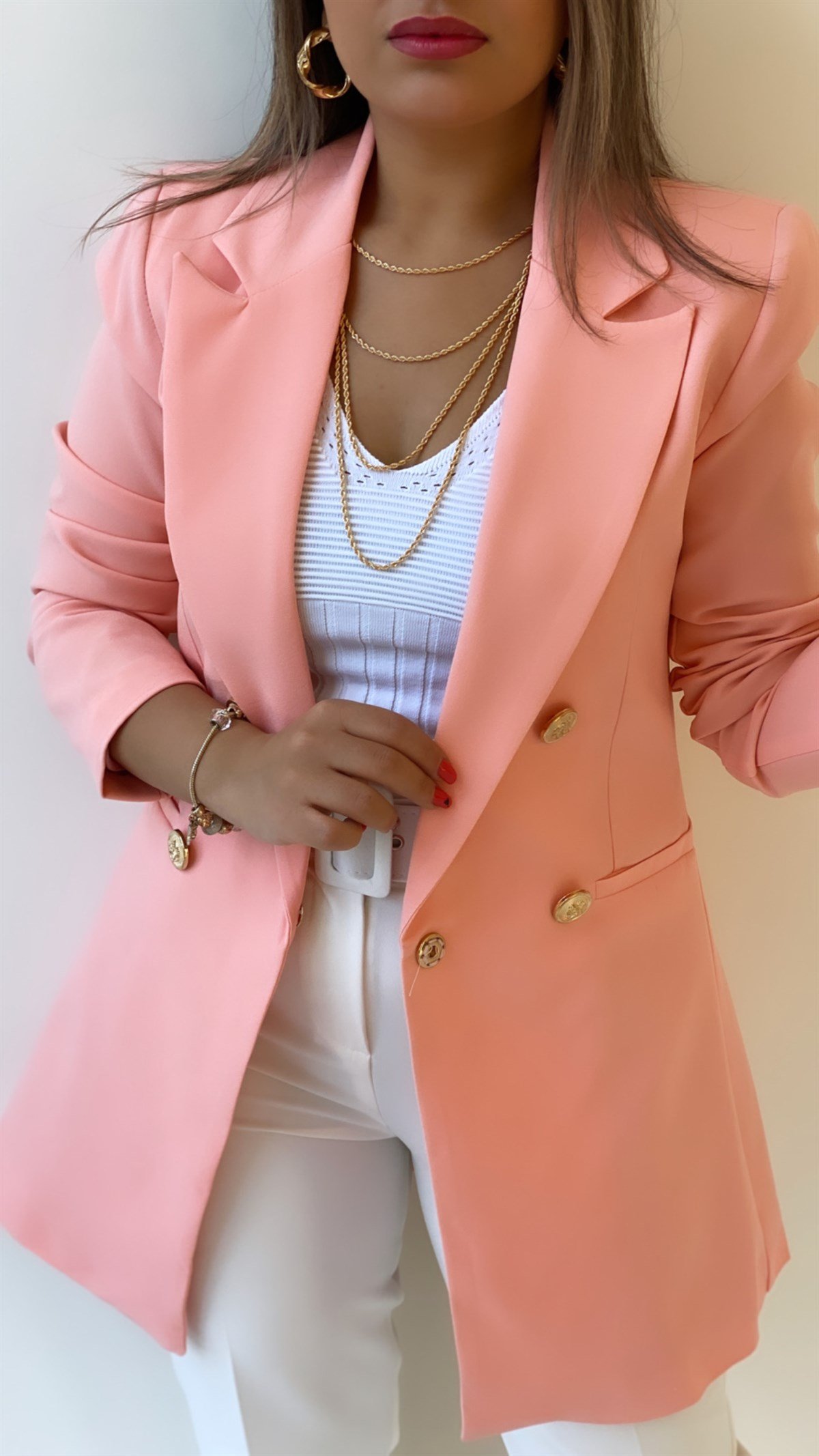 Uzun Gold Düğmeli Blazer Ceket Pembe