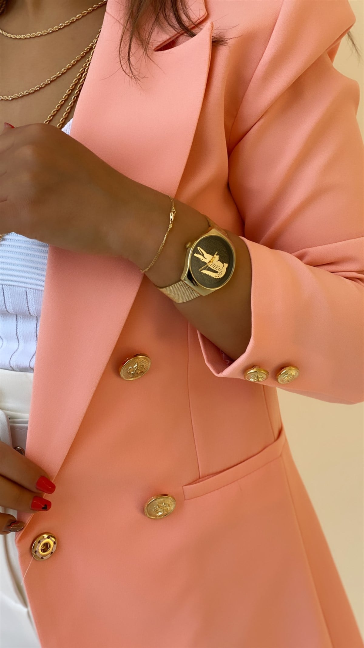 Uzun Gold Düğmeli Blazer Ceket Pembe