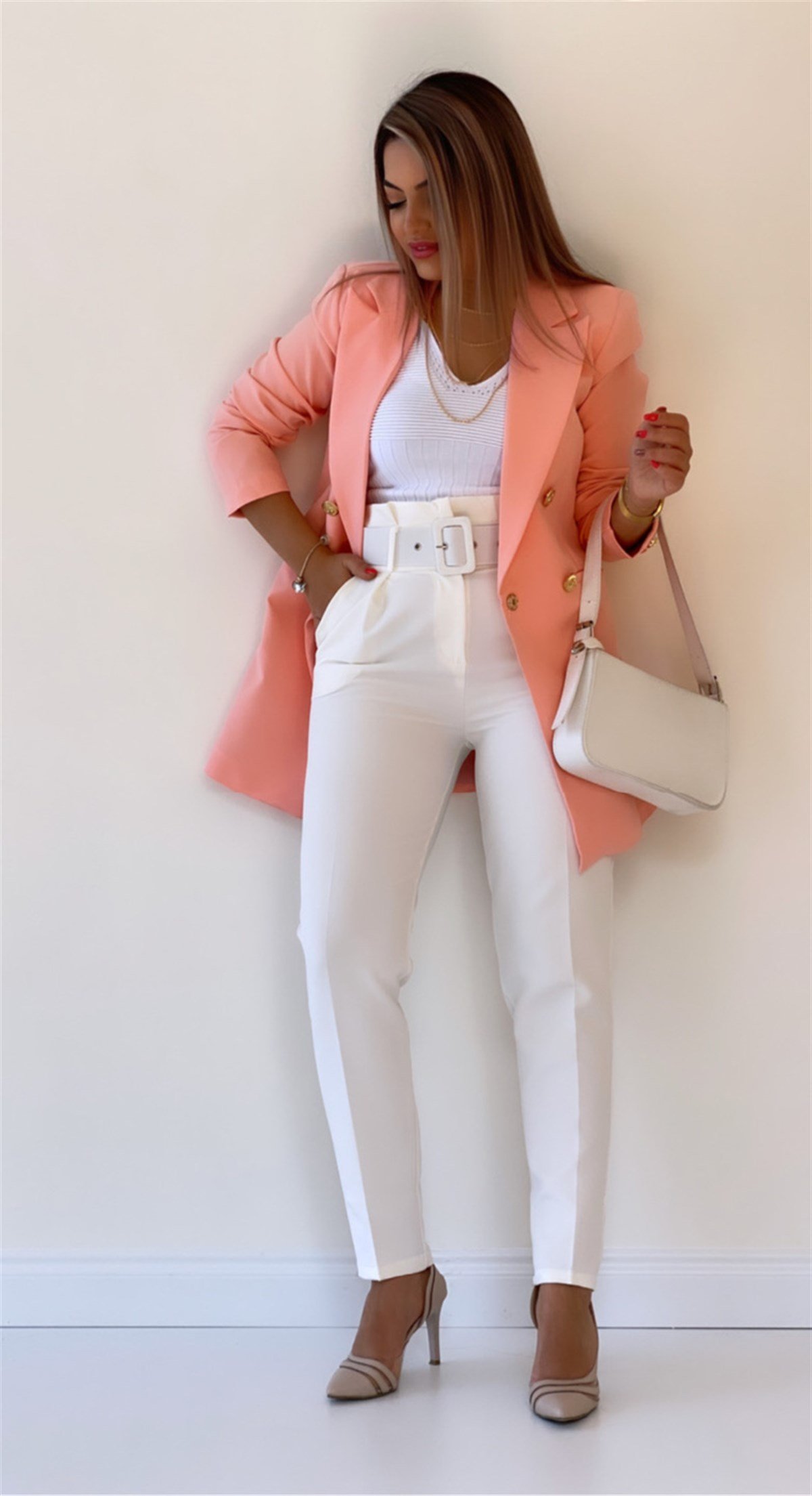 Uzun Gold Düğmeli Blazer Ceket Pembe
