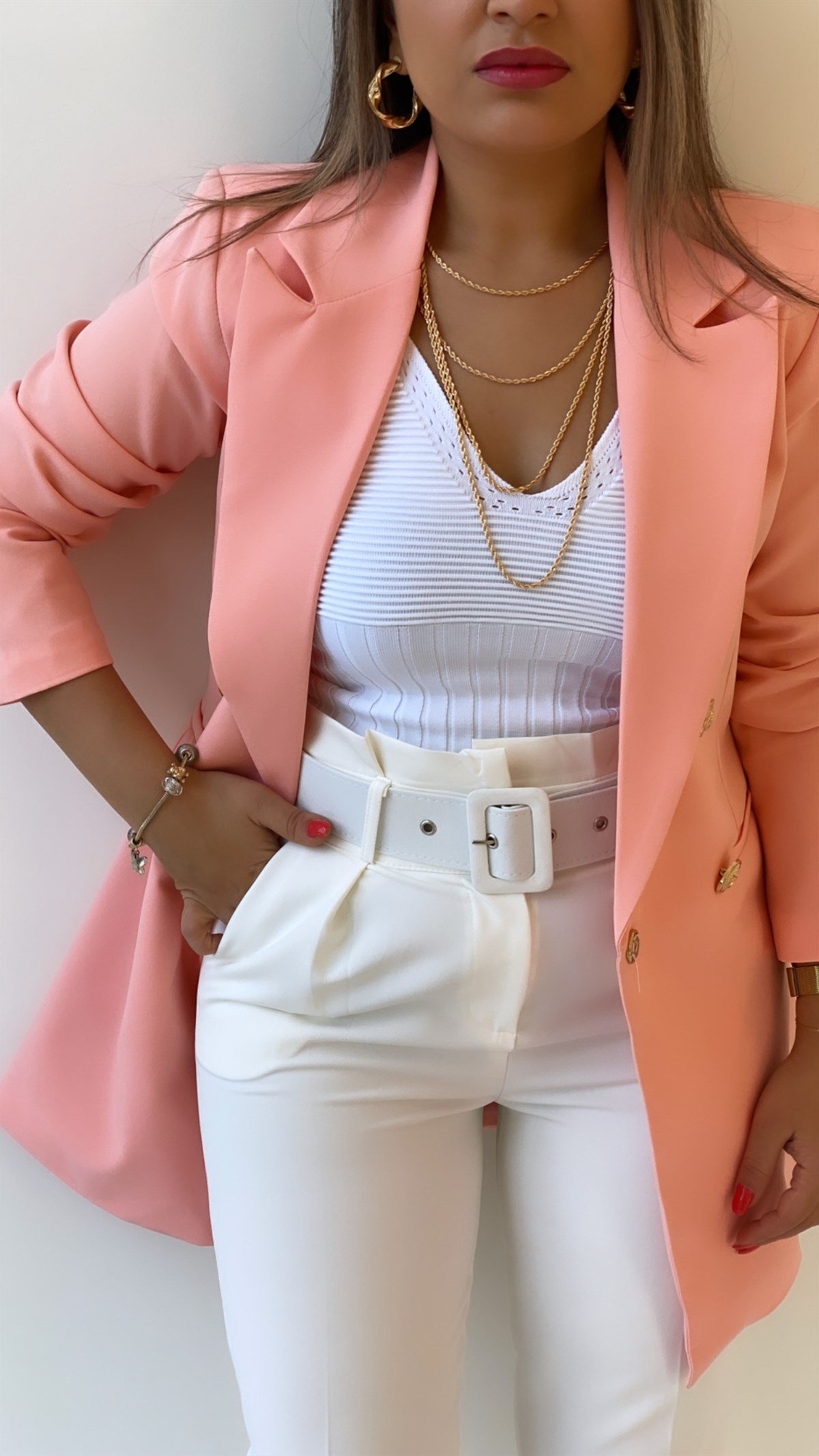 Uzun Gold Düğmeli Blazer Ceket Pembe