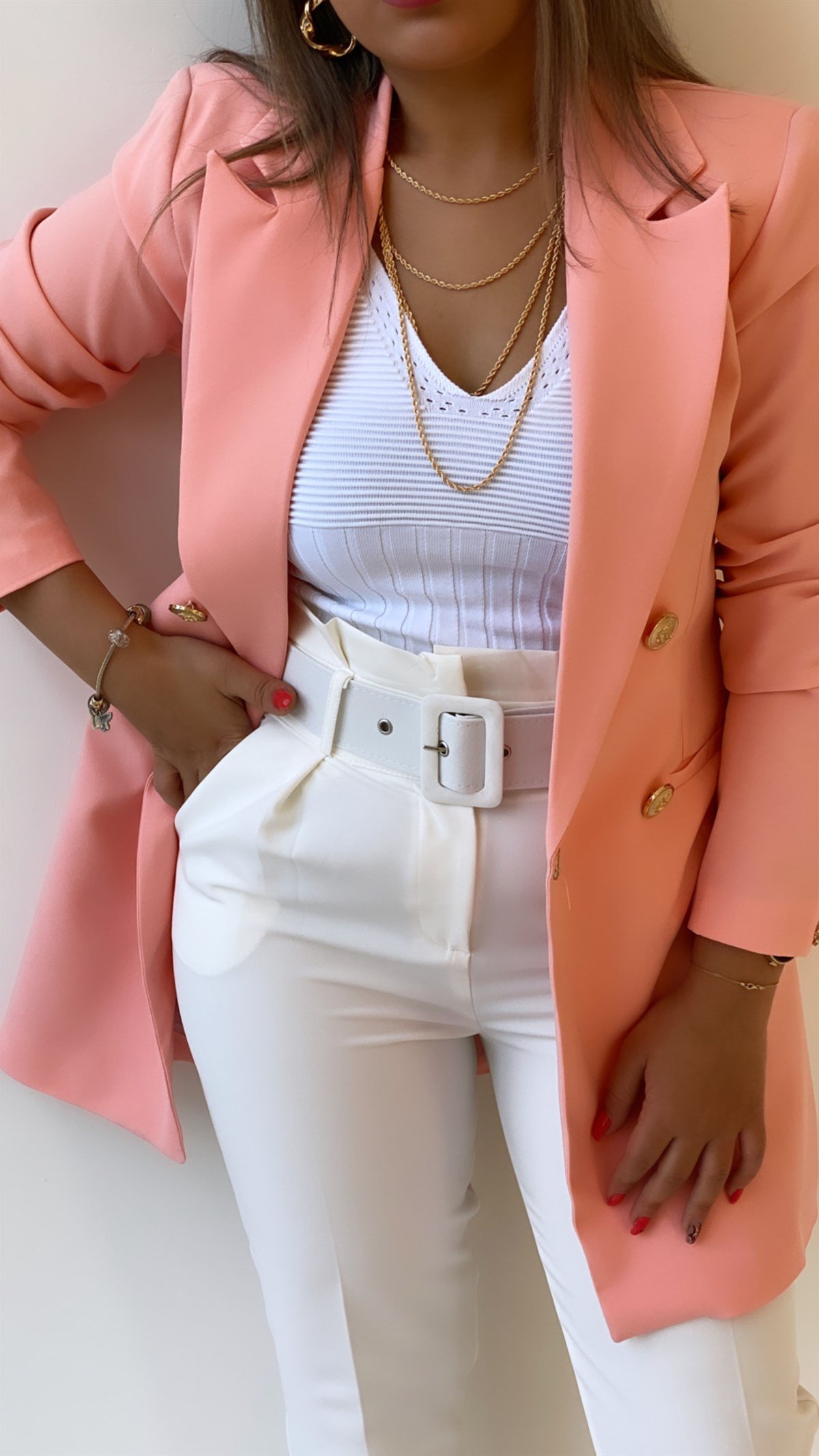 Uzun Gold Düğmeli Blazer Ceket Pembe