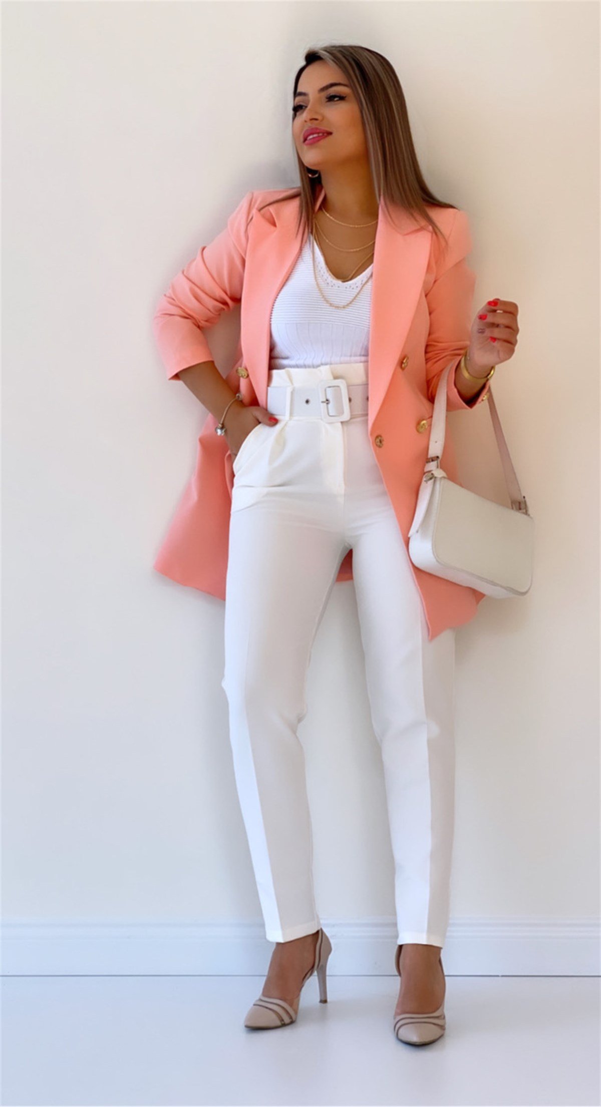 Uzun Gold Düğmeli Blazer Ceket Pembe
