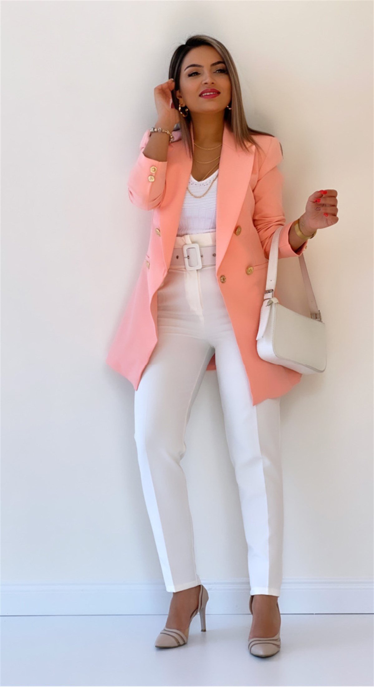 Uzun Gold Düğmeli Blazer Ceket Pembe