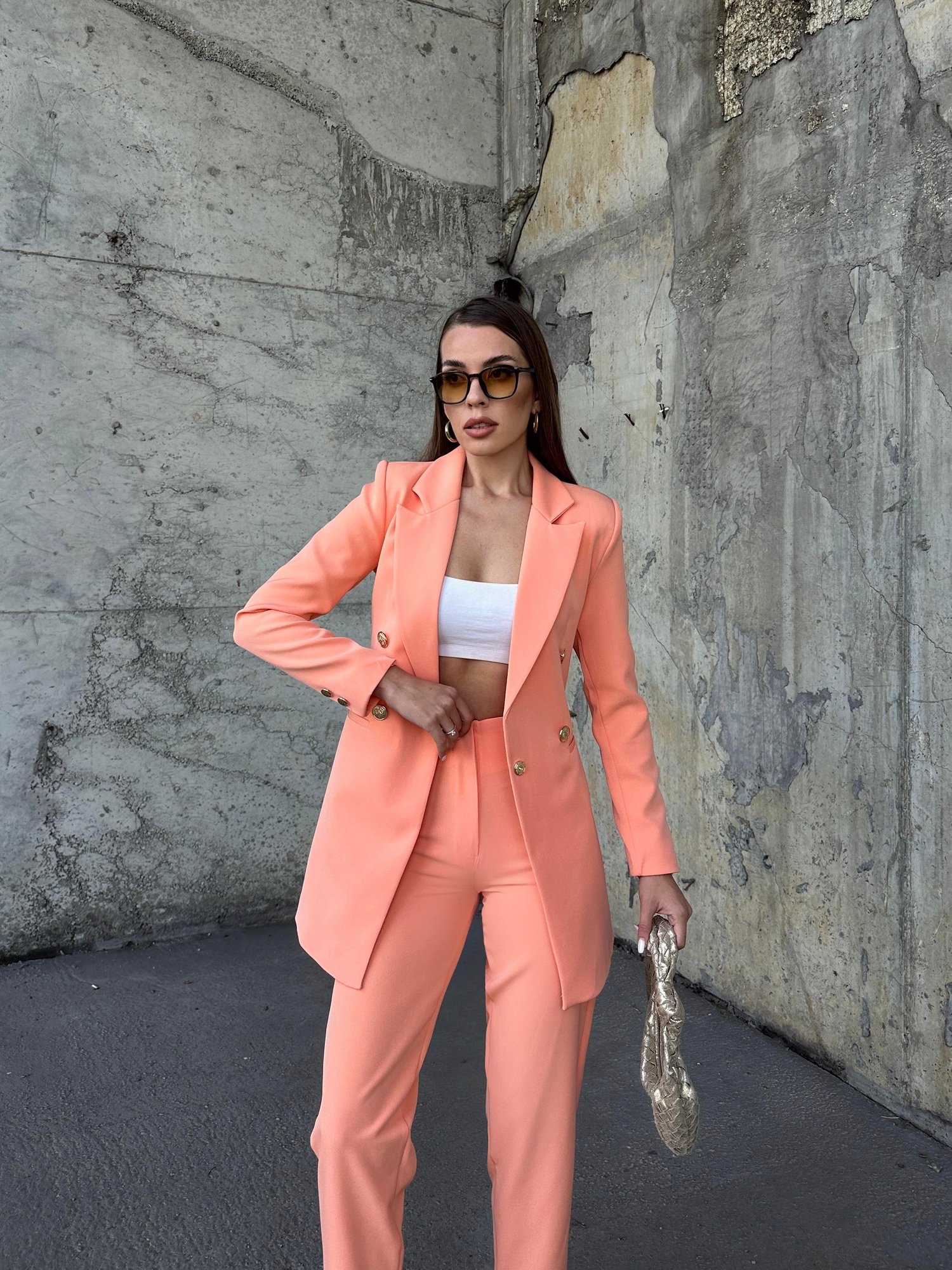 Uzun Gold Düğmeli Blazer Ceket Somon