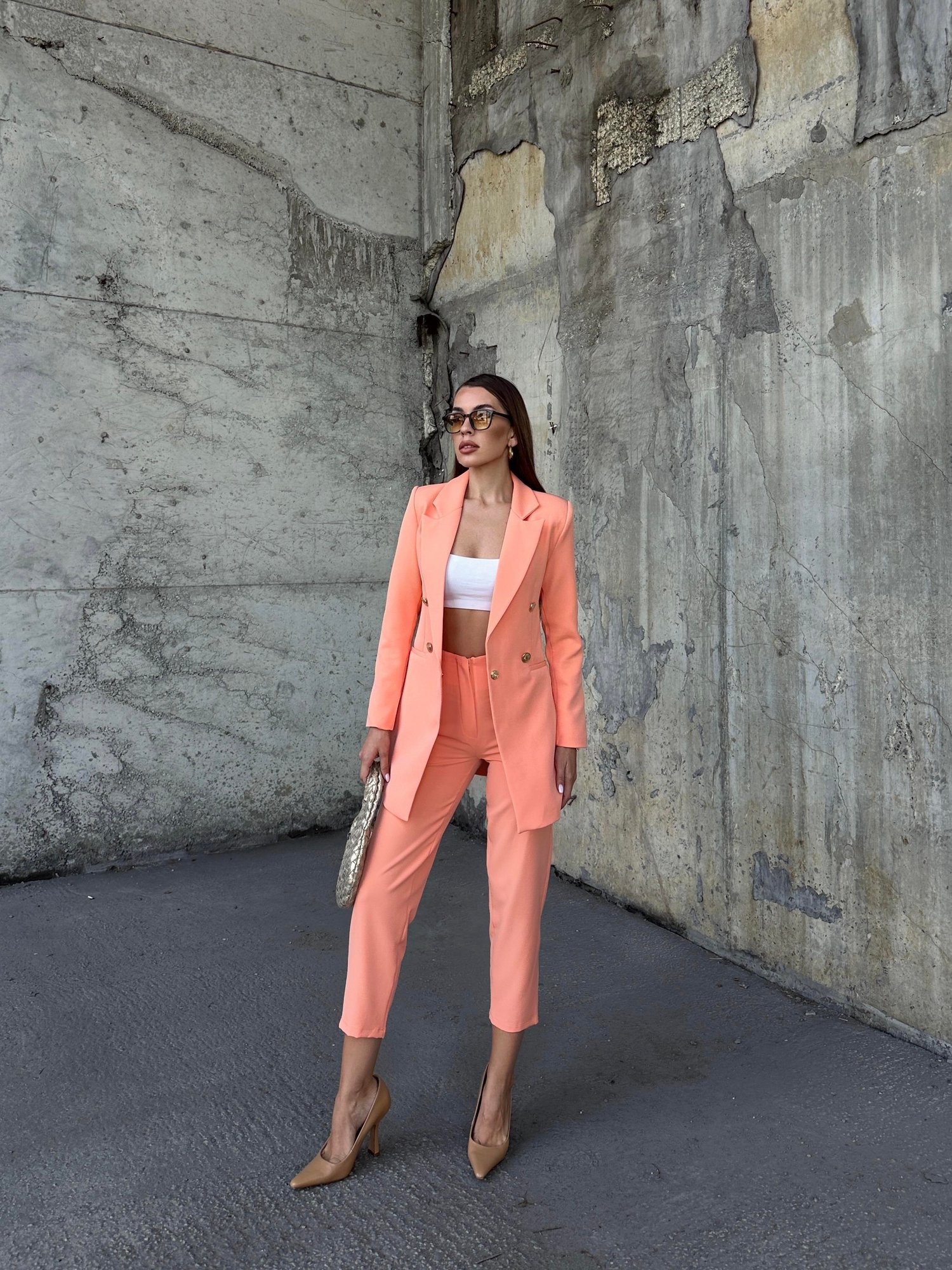 Uzun Gold Düğmeli Blazer Ceket Somon