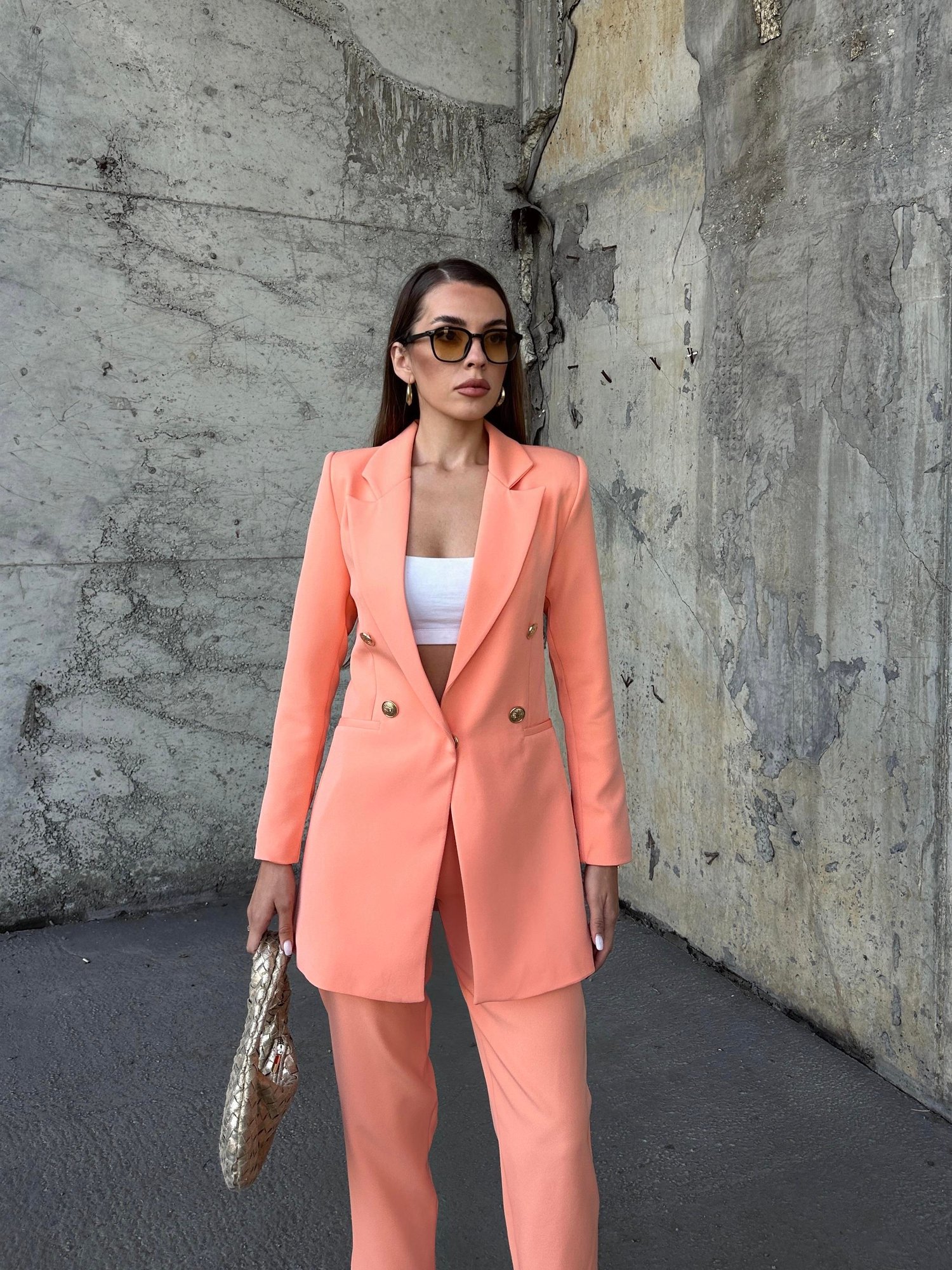 Uzun Gold Düğmeli Blazer Ceket Somon