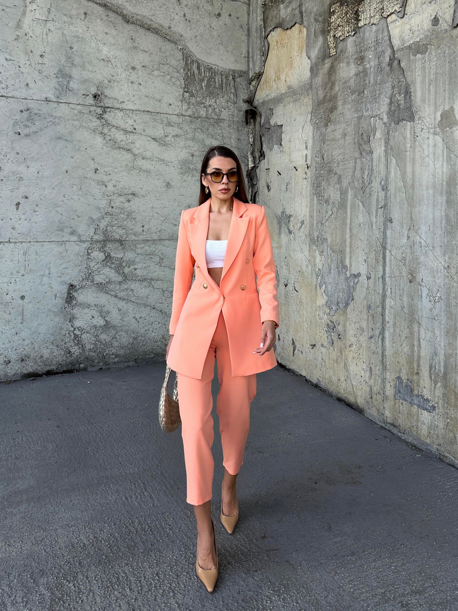 Uzun Gold Düğmeli Blazer Ceket Somon