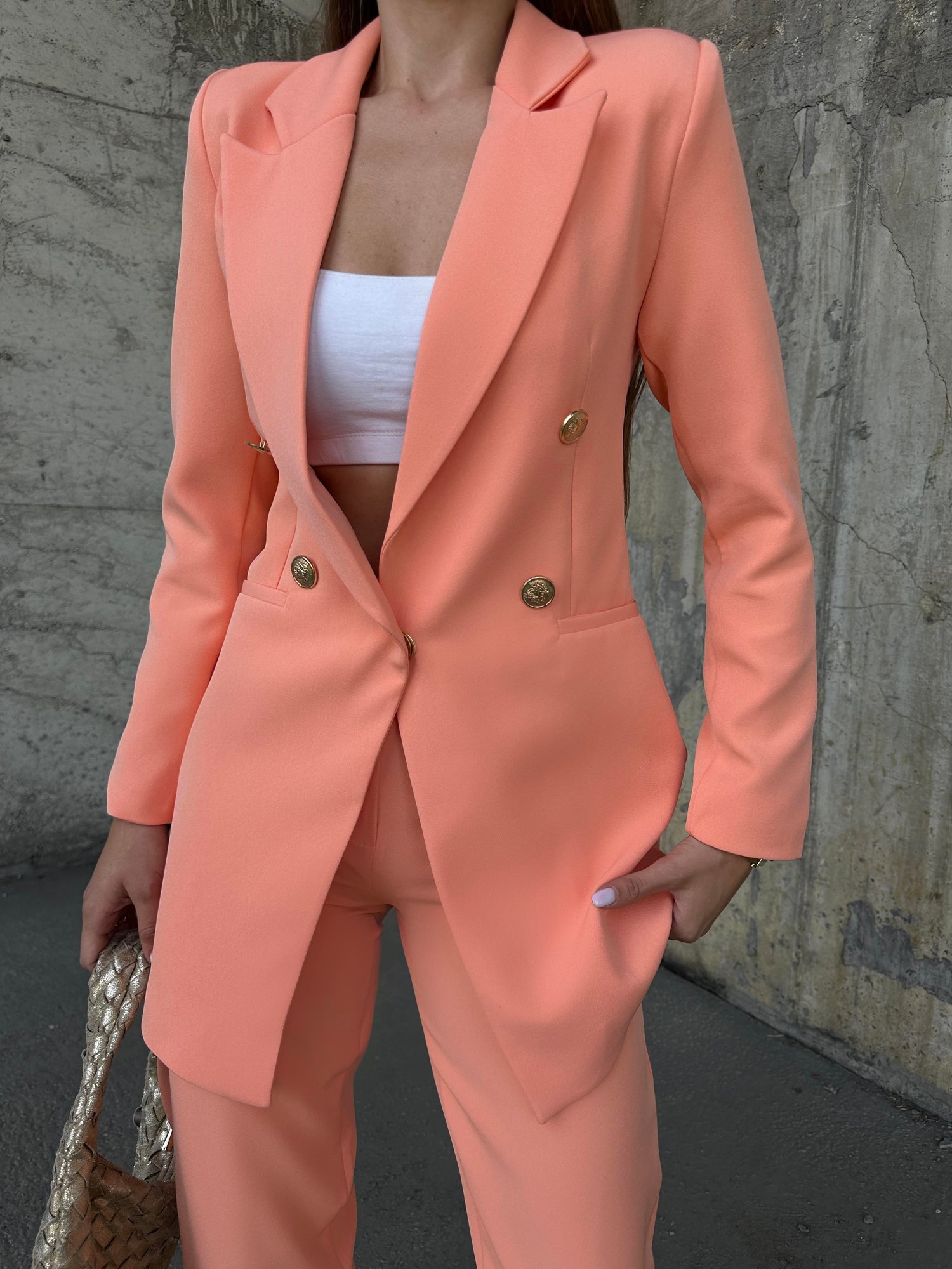 Uzun Gold Düğmeli Blazer Ceket Somon