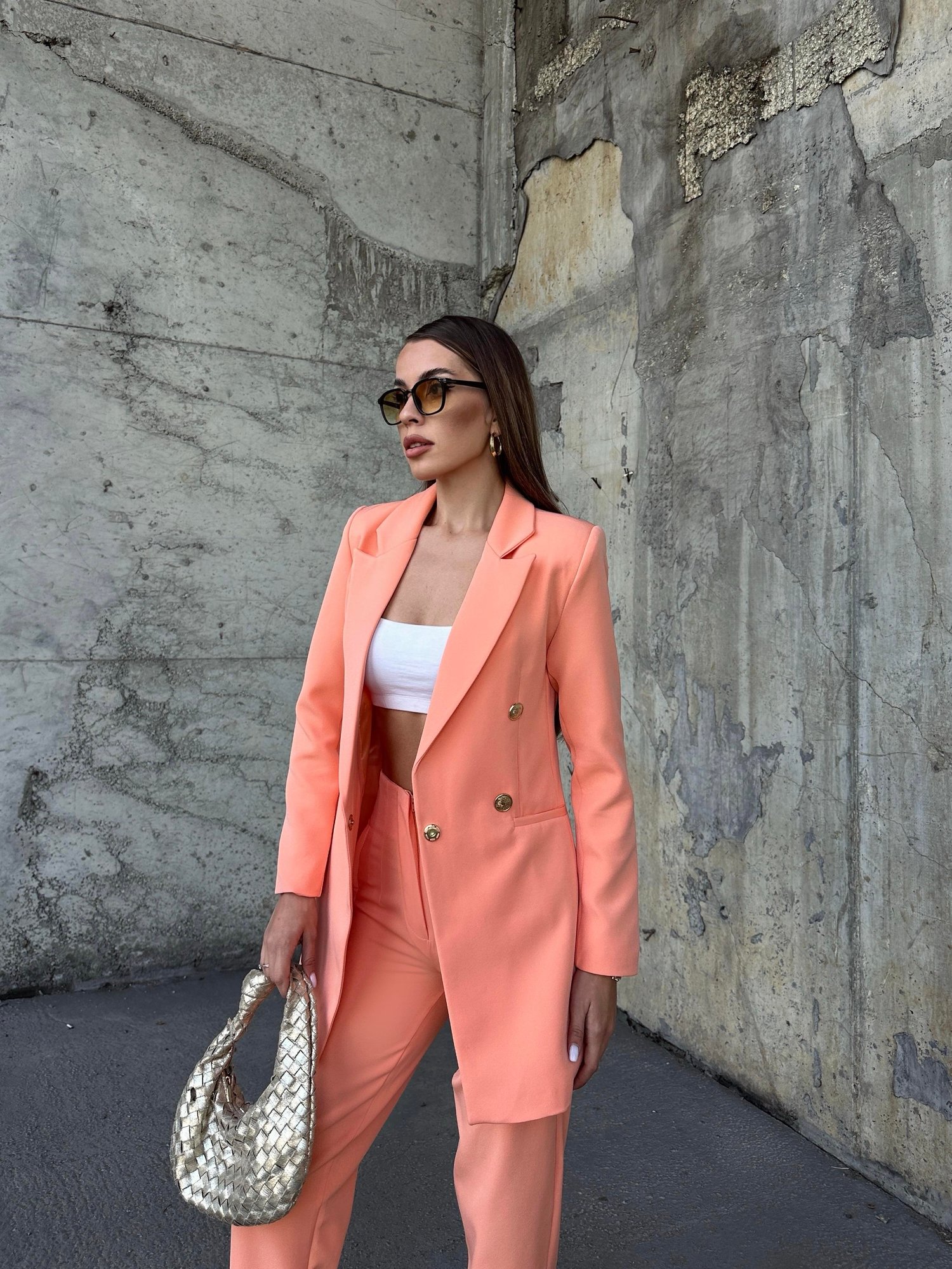 Uzun Gold Düğmeli Blazer Ceket Somon