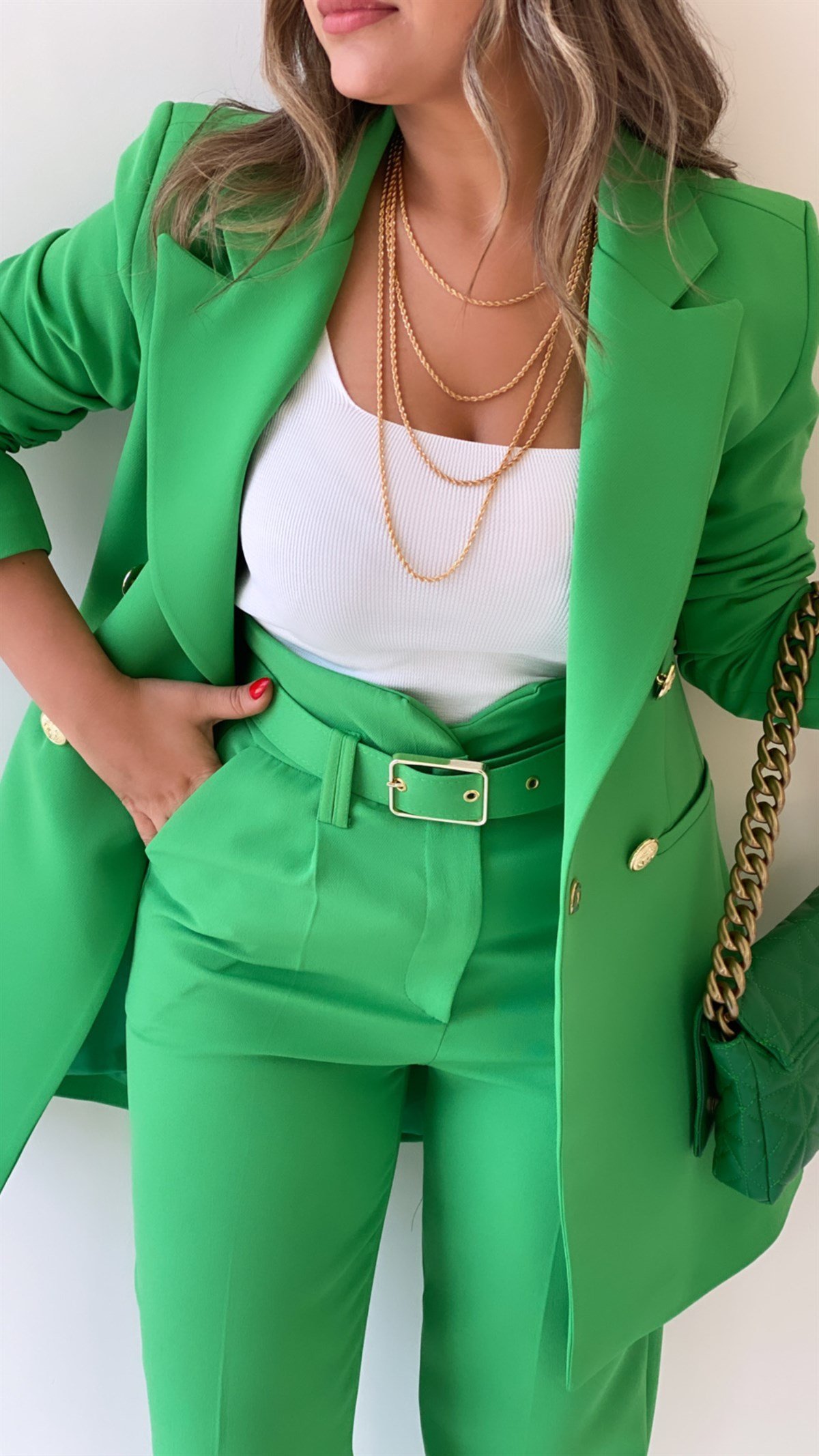 Uzun Gold Düğmeli Blazer Ceket Yeşil
